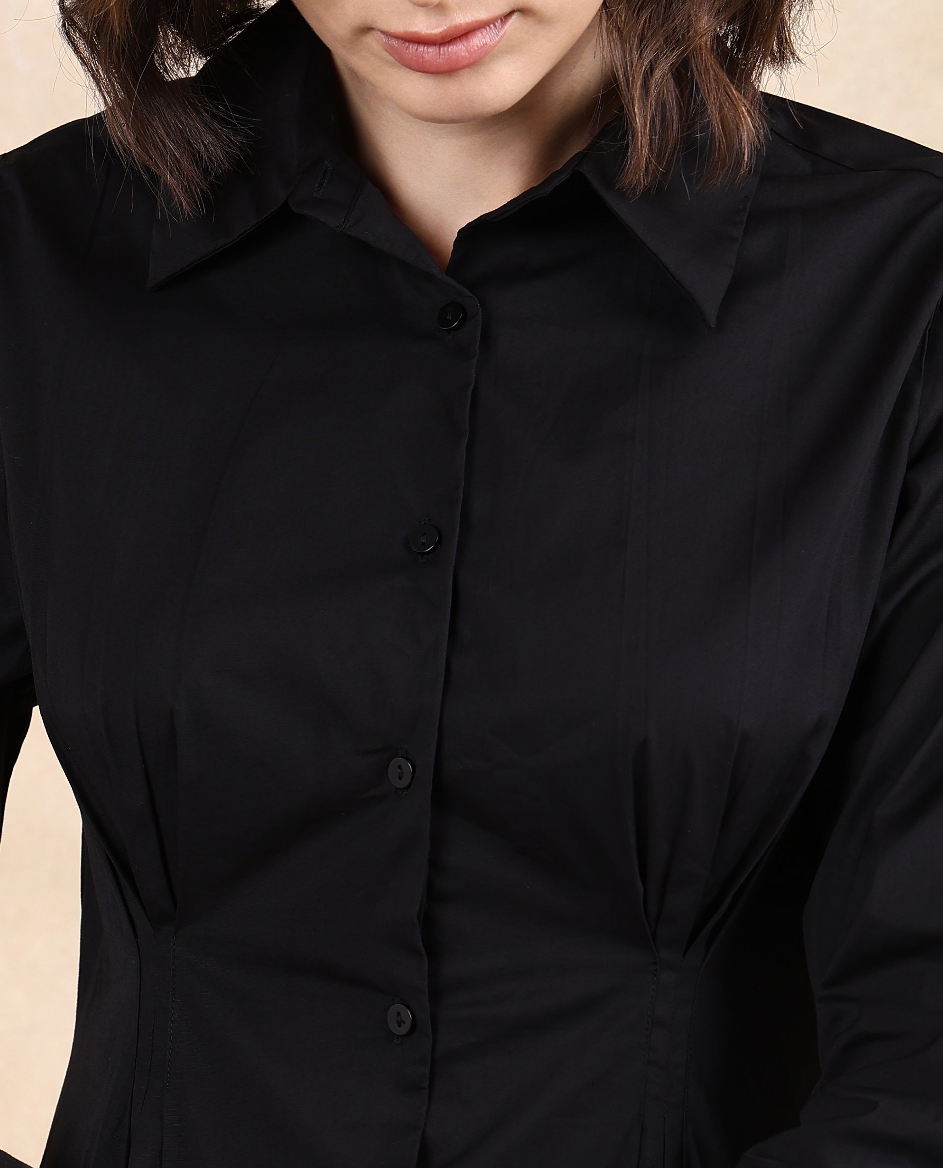 Rareism Women Libz Black Cotton Fabric Cuffed Sleeve Collared Neck Button Closure Fit And Flare Midi Plain Dress