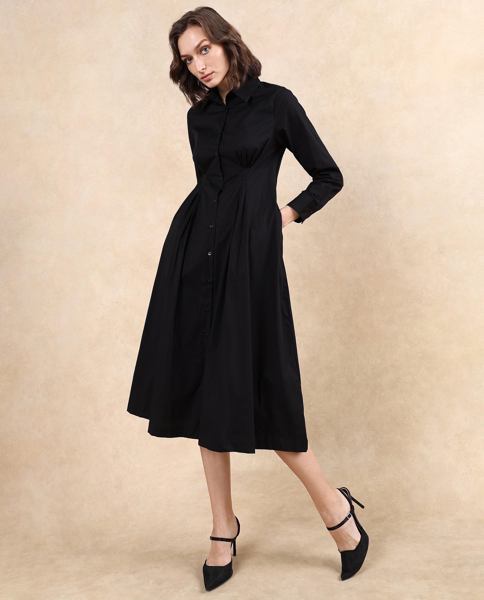 Rareism Women Libz Black Cotton Fabric Cuffed Sleeve Collared Neck Button Closure Fit And Flare Midi Plain Dress