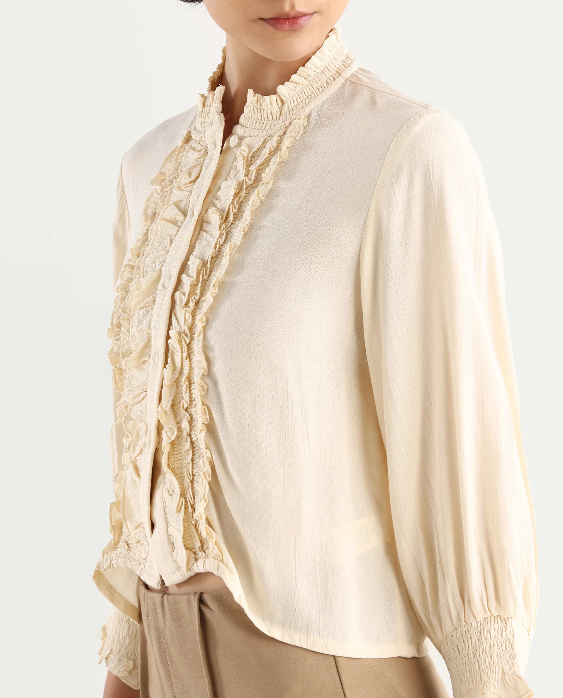 Rareism Women's Licel Off White Rayon Mandarin Collar Plain Regular Fit Top