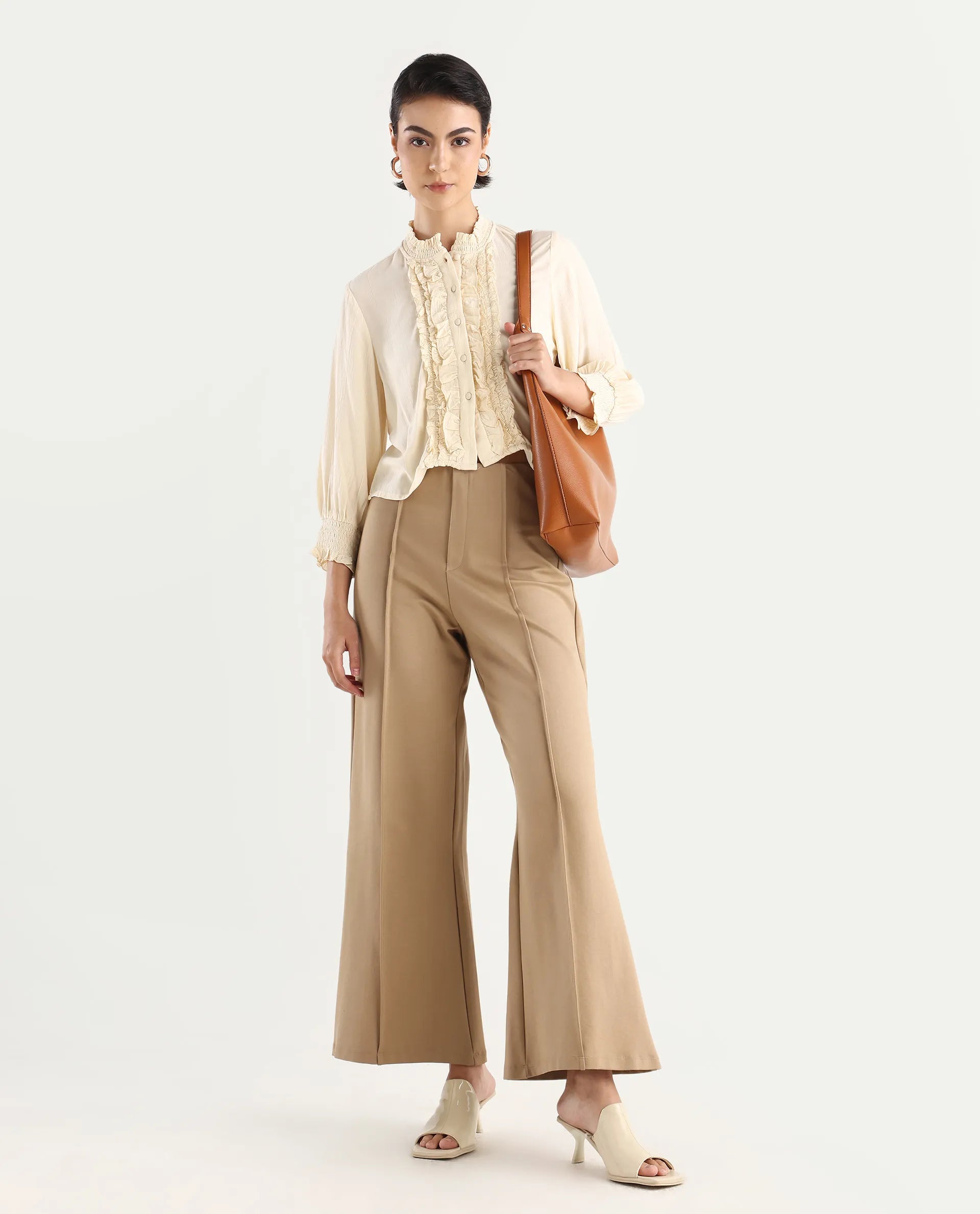 Rareism Women's Licel Off White Rayon Mandarin Collar Plain Regular Fit Top