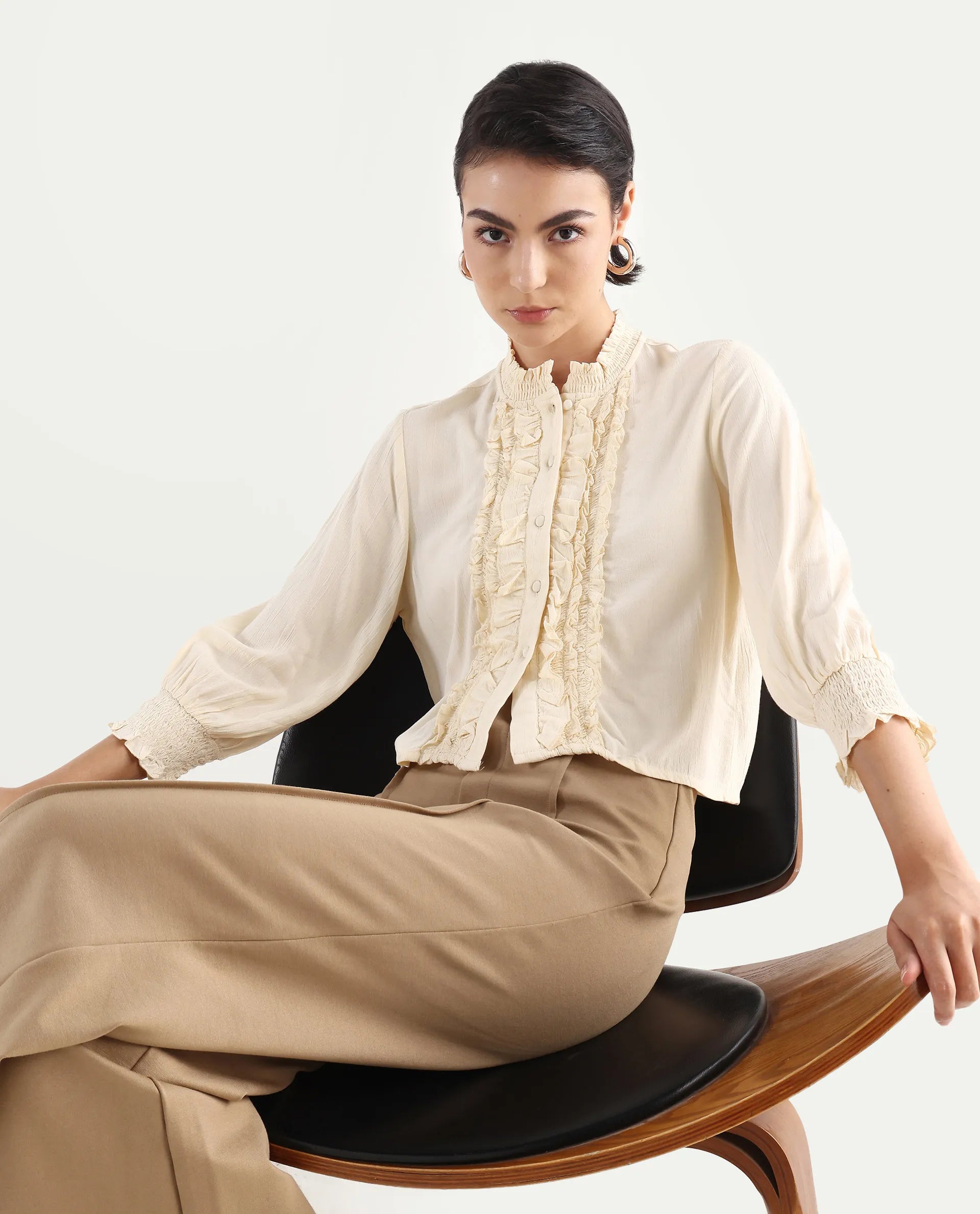 Rareism Women's Licel Off White Rayon Mandarin Collar Plain Regular Fit Top