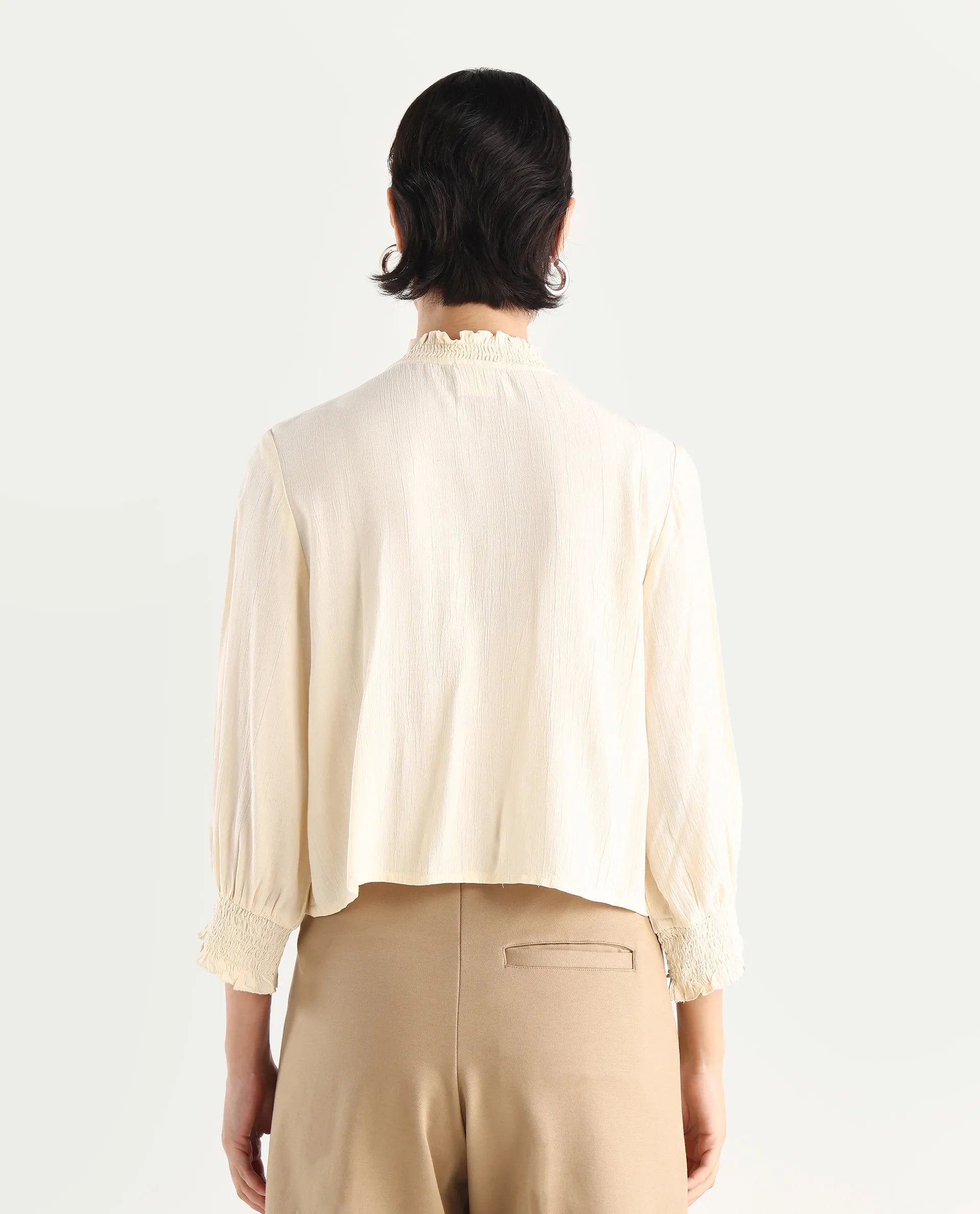 Rareism Women's Licel Off White Rayon Mandarin Collar Plain Regular Fit Top