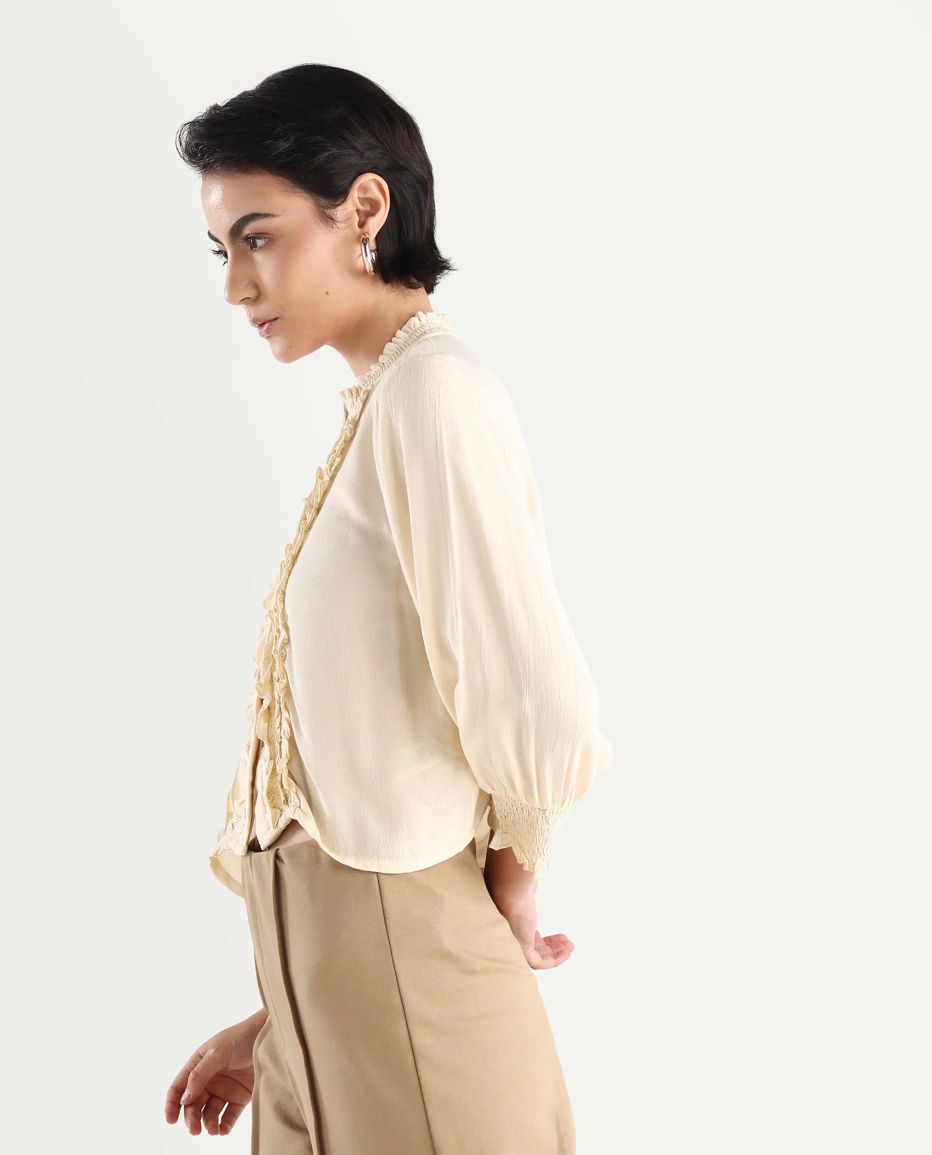 Rareism Women's Licel Off White Rayon Mandarin Collar Plain Regular Fit Top