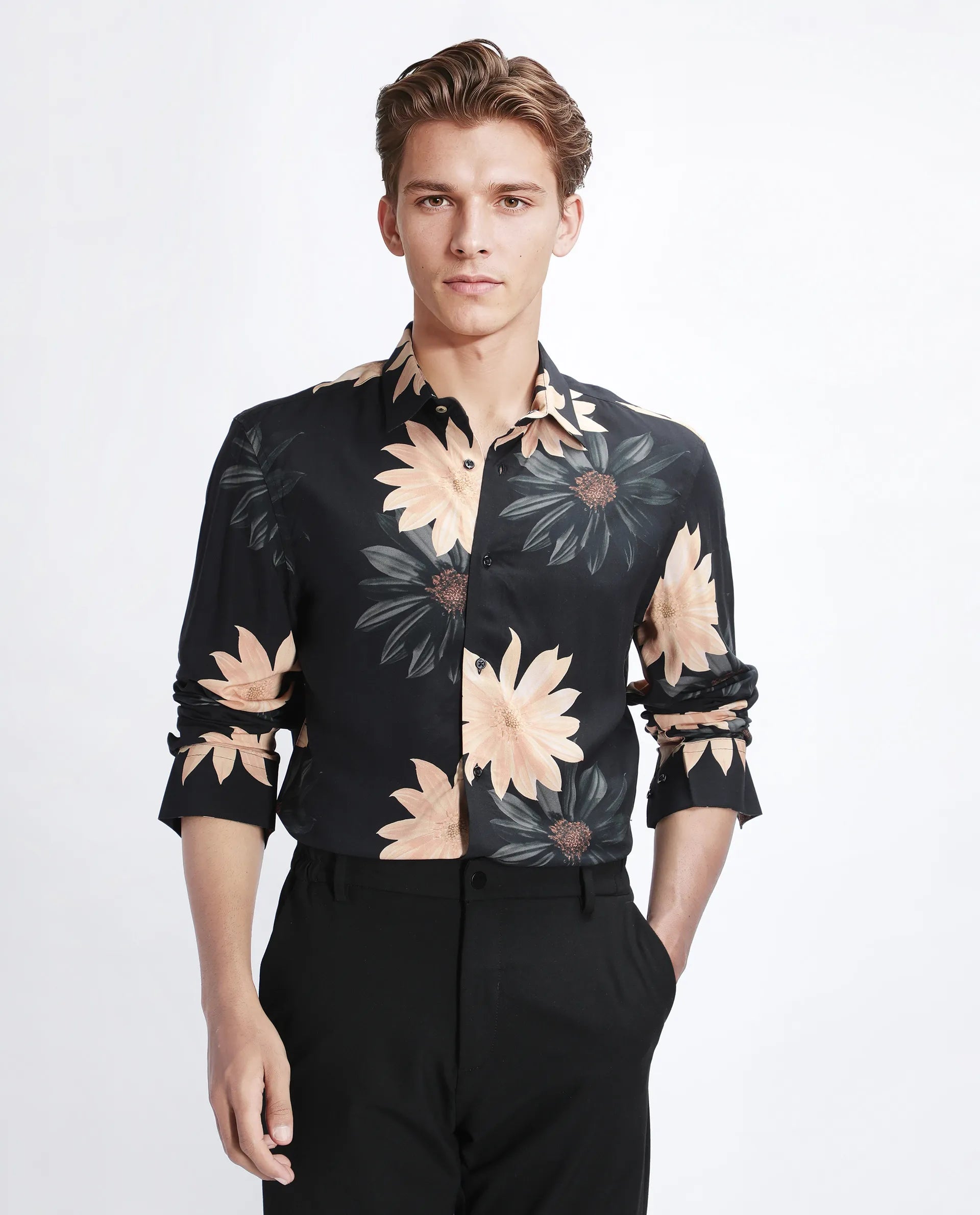 Rare Rabbit Men's Lich Black Viscose Floral Print Regular Fit Full Sleeve Collared Shirt