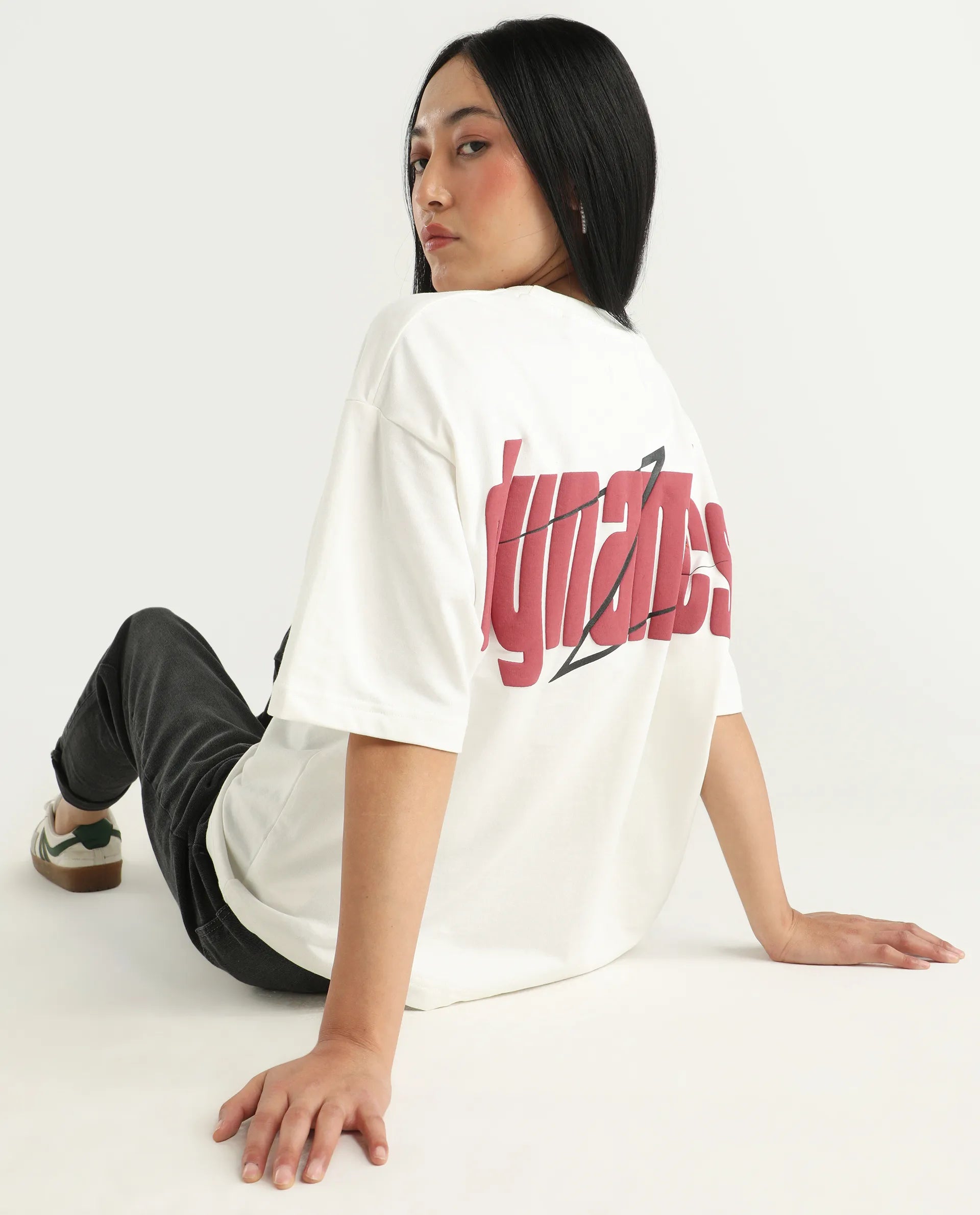 Rareism Women's Liche Off White Cotton Graphic Print Oversized T-Shirt