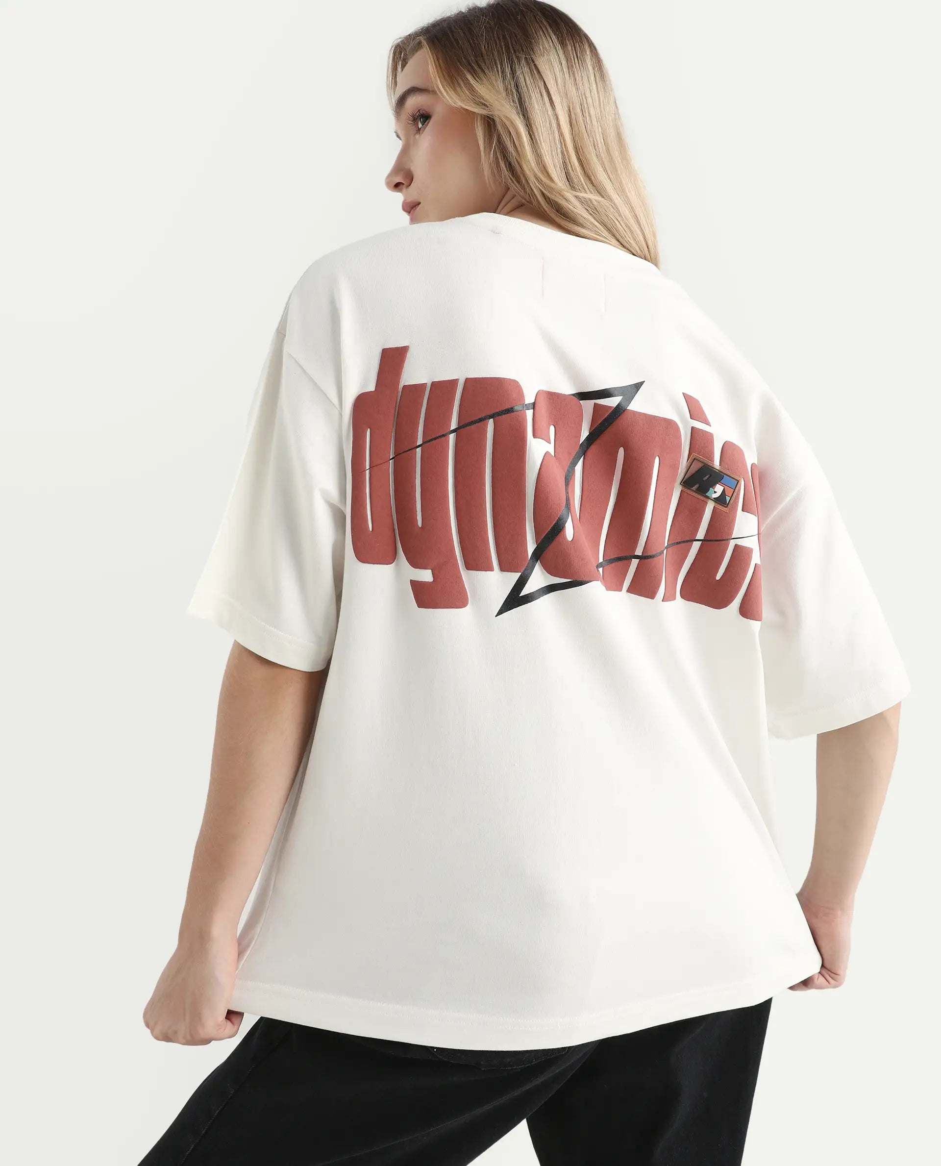 Rareism Women's Liche Off White Cotton Graphic Print Oversized T-Shirt