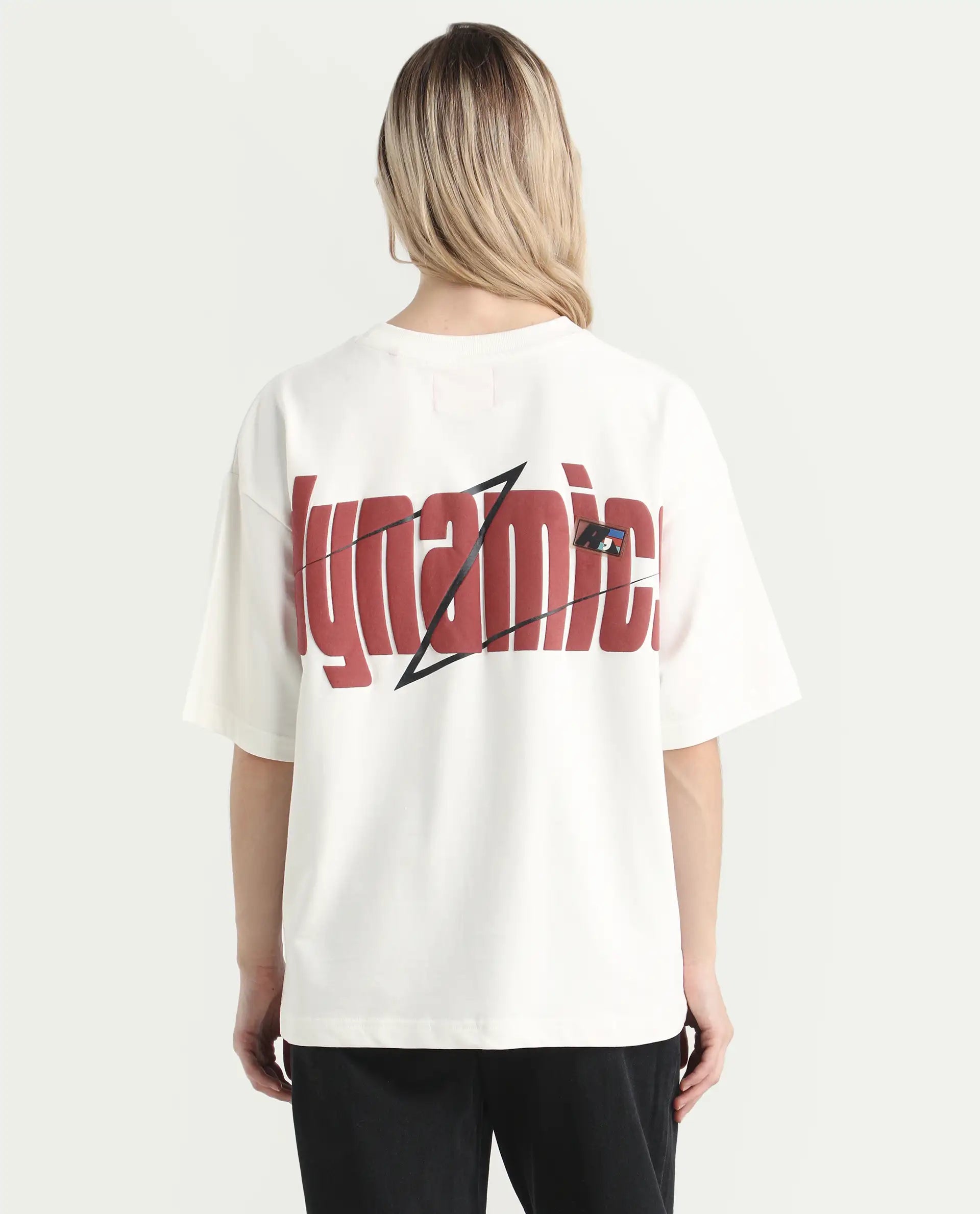 Rareism Women's Liche Off White Cotton Graphic Print Oversized T-Shirt