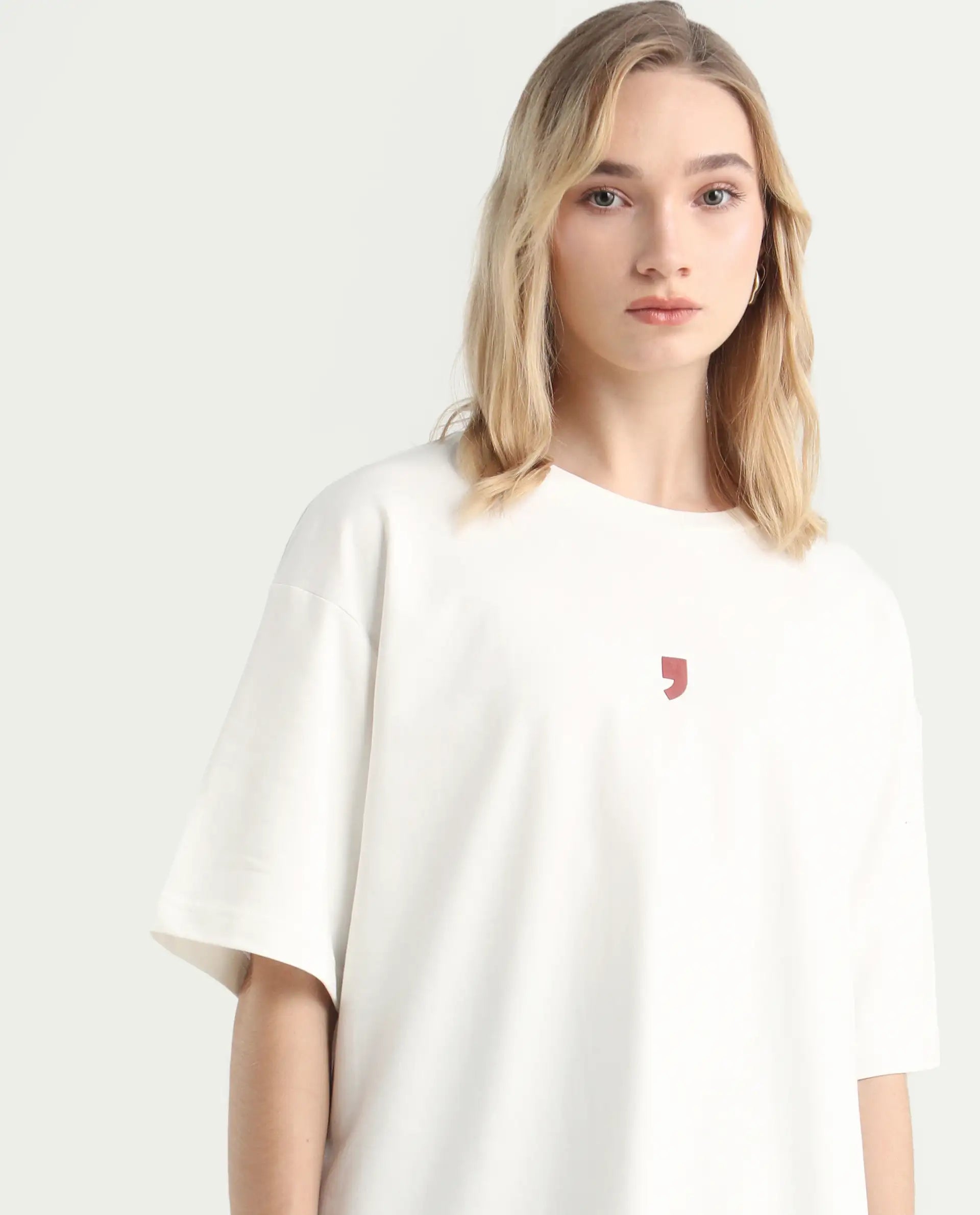 Rareism Women's Liche Off White Cotton Graphic Print Oversized T-Shirt