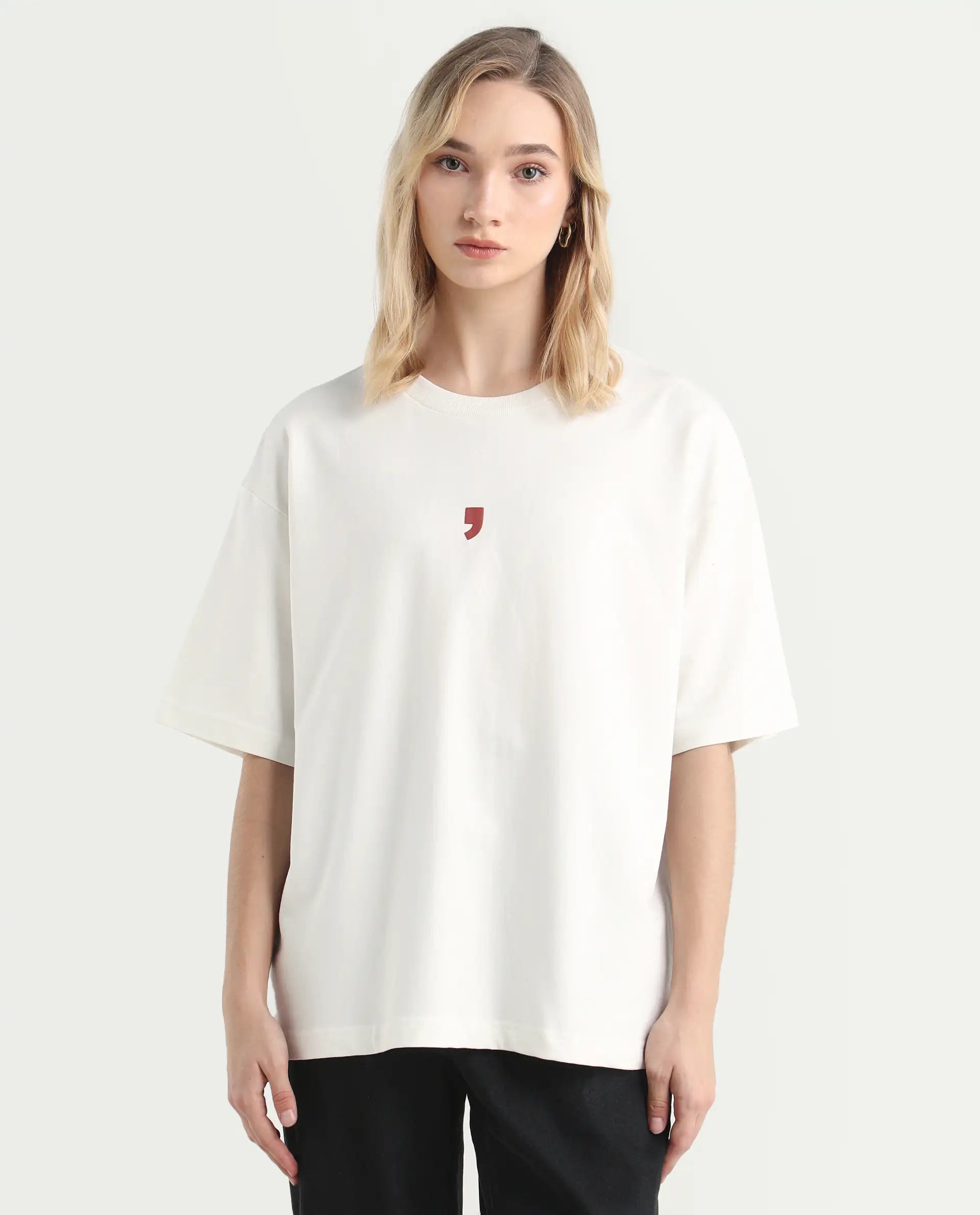 Rareism Women's Liche Off White Cotton Graphic Print Oversized T-Shirt