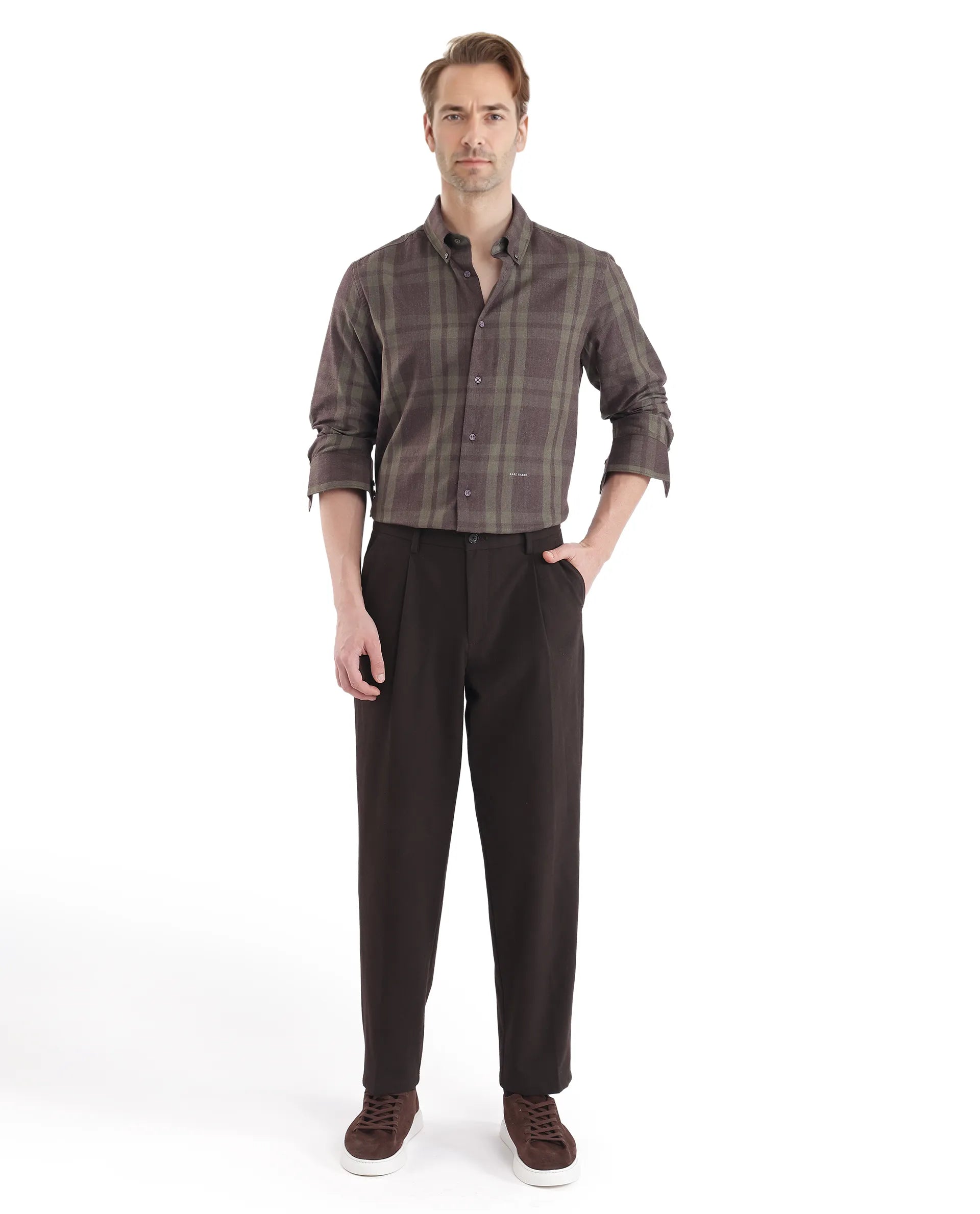 Rare Rabbit Men's Licot Dark Olive Cotton Fabric Regular Fit Checks Shirt