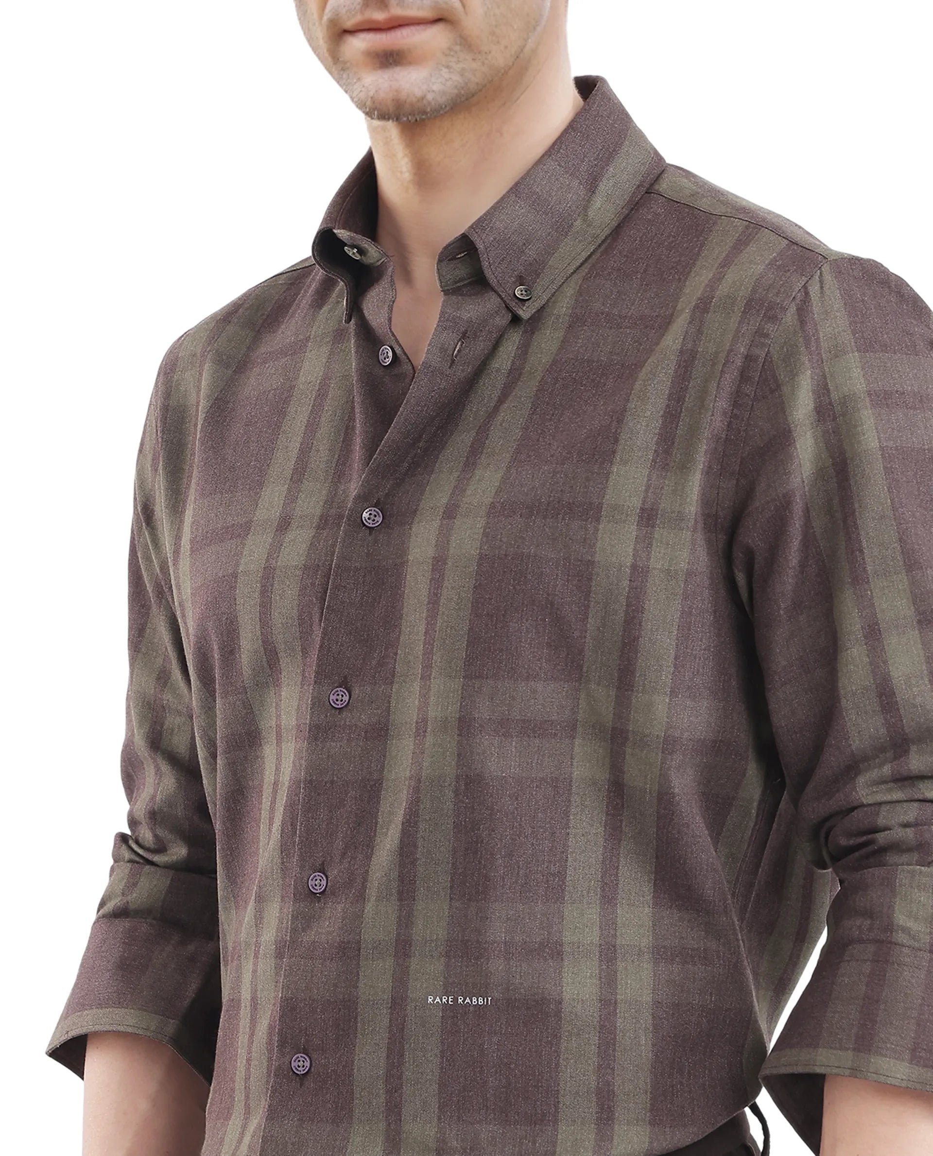 Rare Rabbit Men's Licot Dark Olive Cotton Fabric Regular Fit Checks Shirt