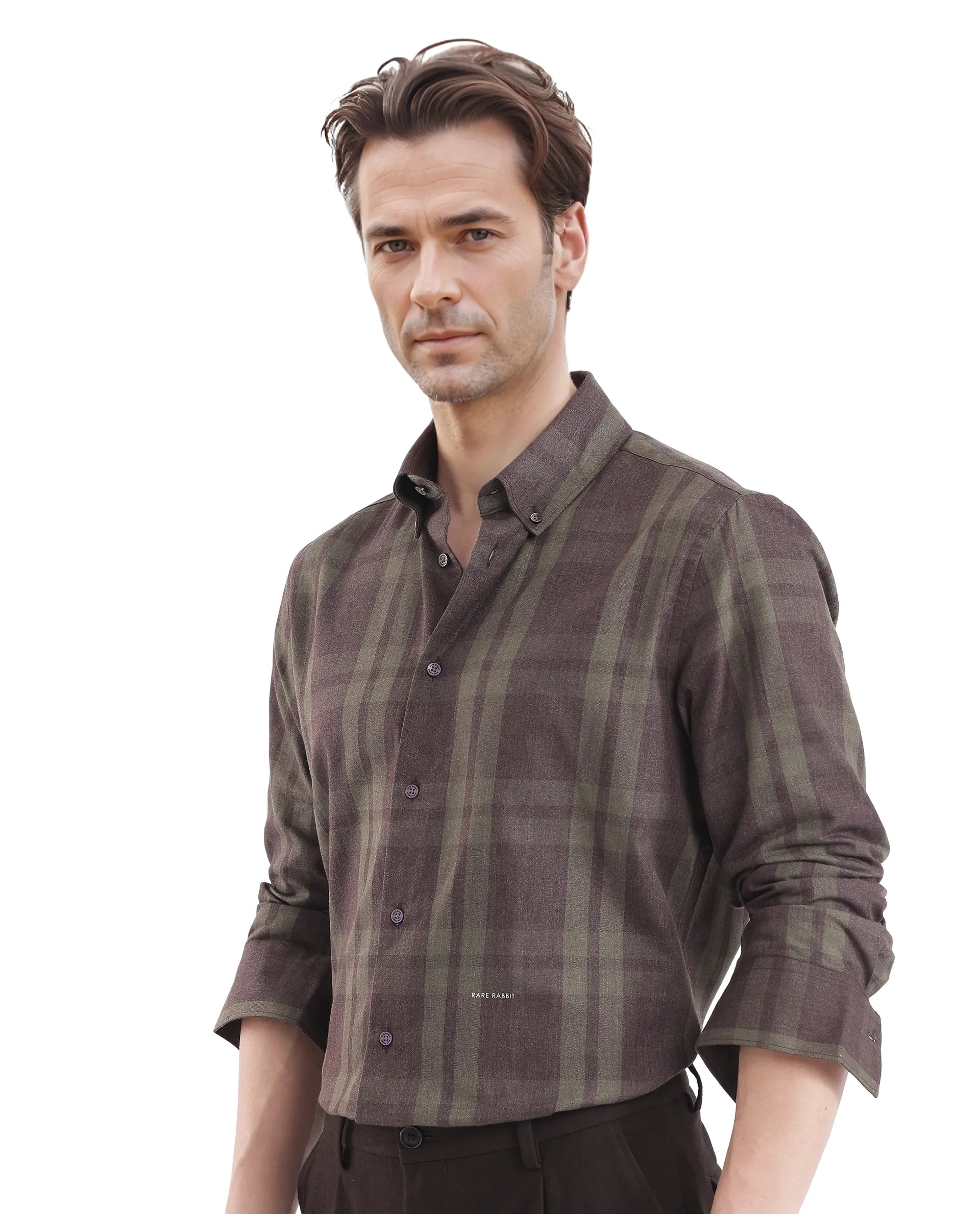 Rare Rabbit Men's Licot Dark Olive Cotton Fabric Regular Fit Checks Shirt