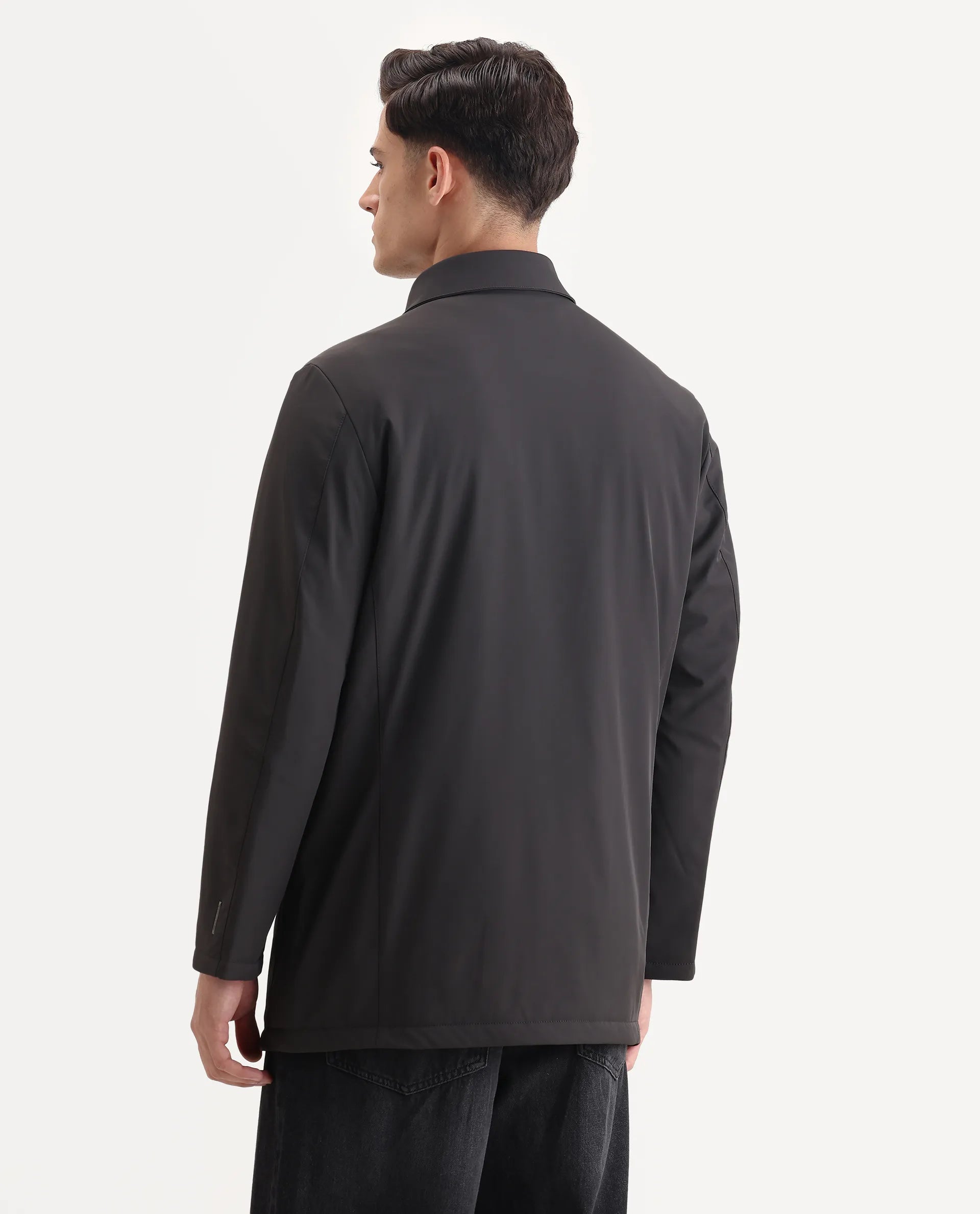 Rare Rabbit Men's Liem Dark Grey Nylon Blend Fabric Collared Neck Regular Fit Plain Coat