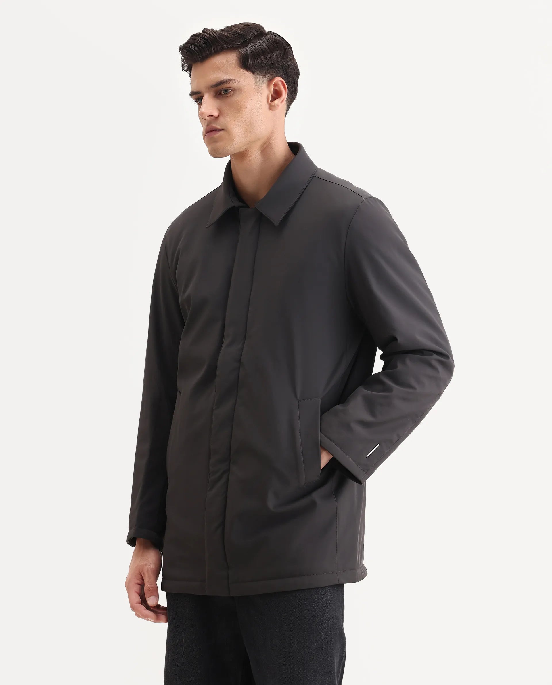 Rare Rabbit Men's Liem Dark Grey Nylon Blend Fabric Collared Neck Regular Fit Plain Coat