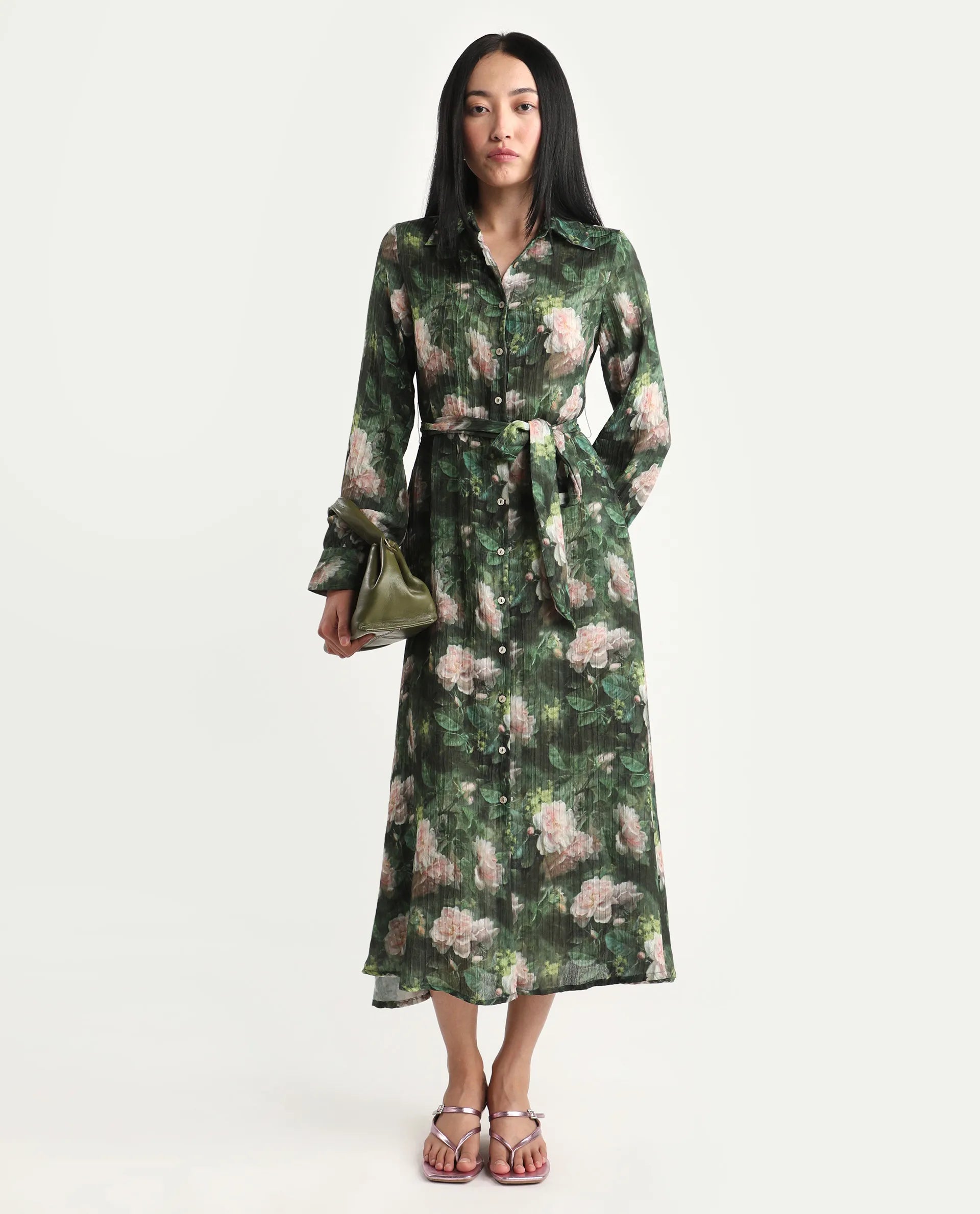 Rareism Women's Lika Dark Green Polyester Tie-Up Neck Floral Print Bishop Sleeve Midi Flared Dress
