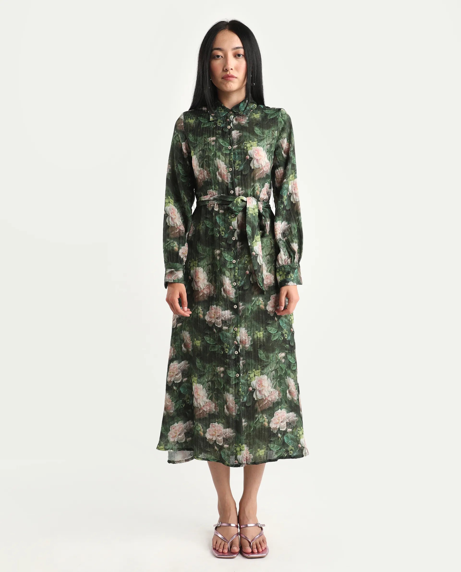 Rareism Women's Lika Dark Green Polyester Tie-Up Neck Floral Print Bishop Sleeve Midi Flared Dress