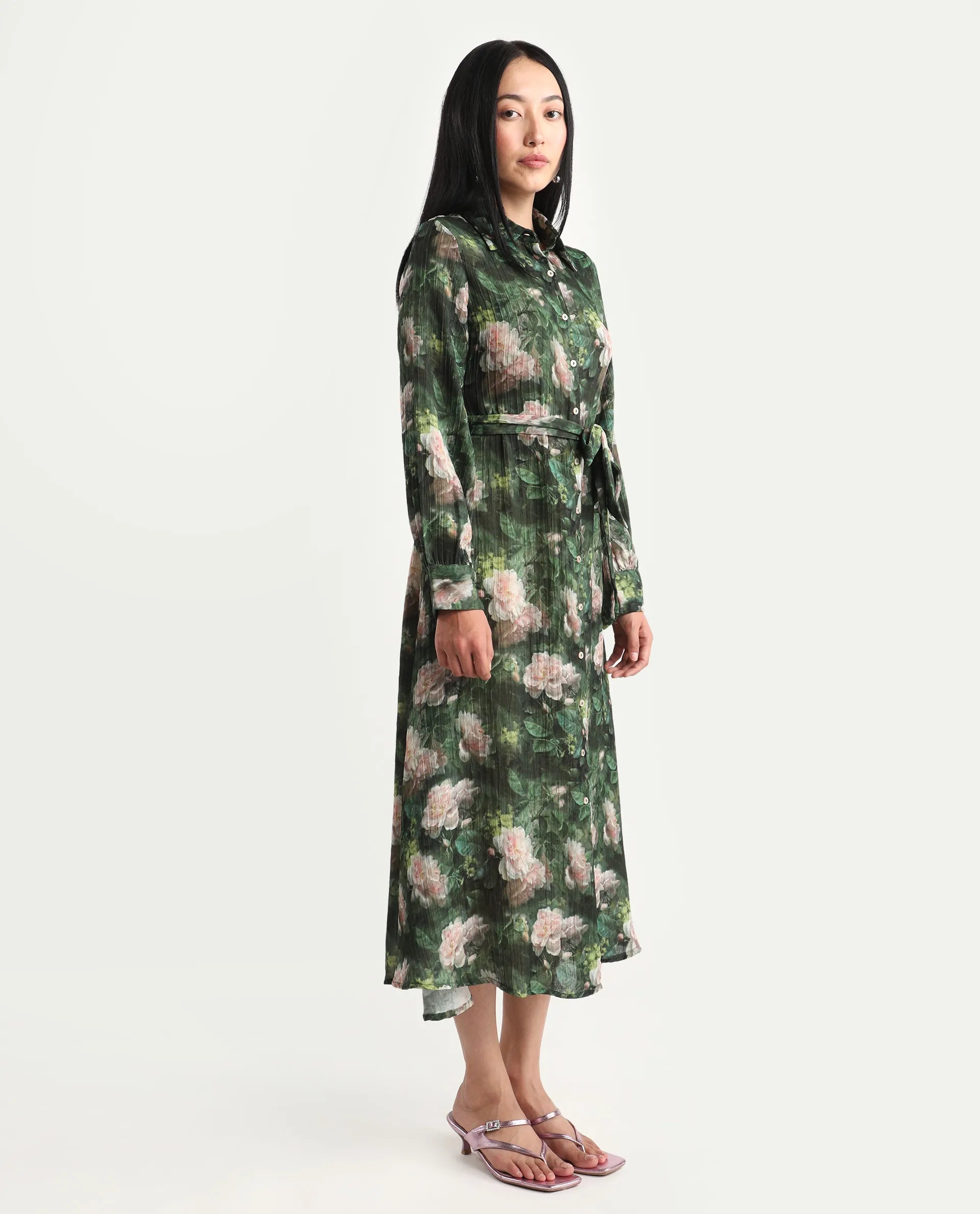 Rareism Women's Lika Dark Green Polyester Tie-Up Neck Floral Print Bishop Sleeve Midi Flared Dress