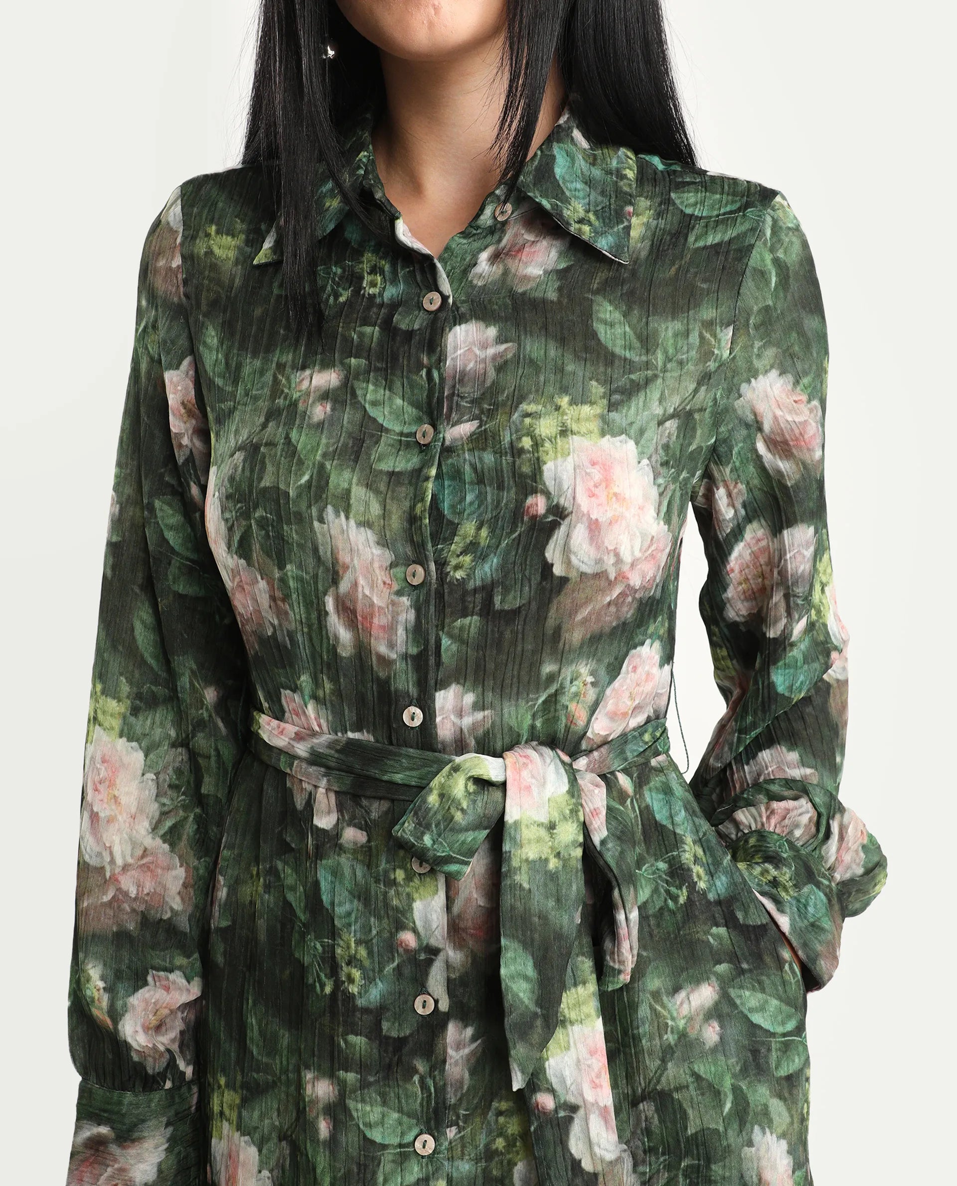 Rareism Women's Lika Dark Green Polyester Tie-Up Neck Floral Print Bishop Sleeve Midi Flared Dress