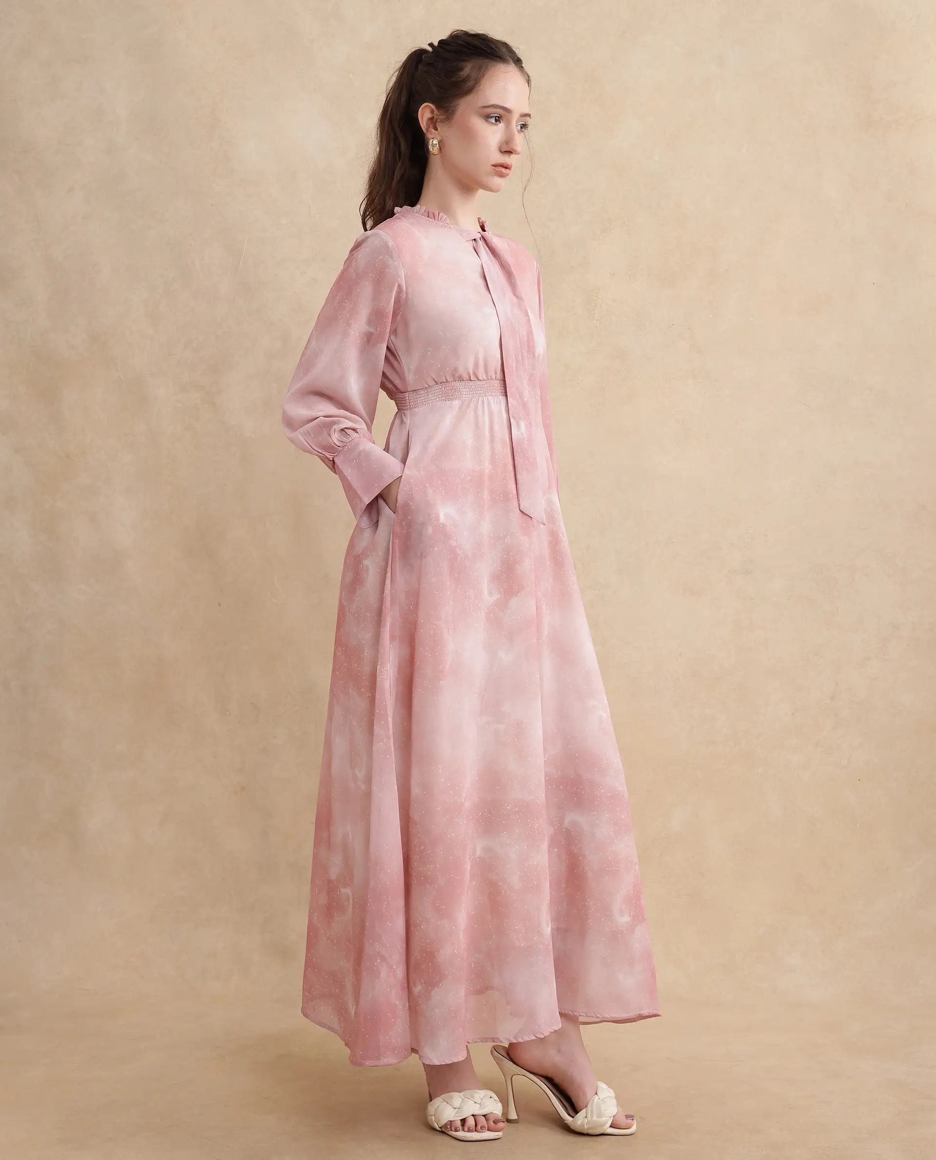 Rareism Women's Likp Pink Polyester Fabric Sweetheart Neck Button Closure Bishop Sleeve Abstract Fit And Flare Midi Dress
