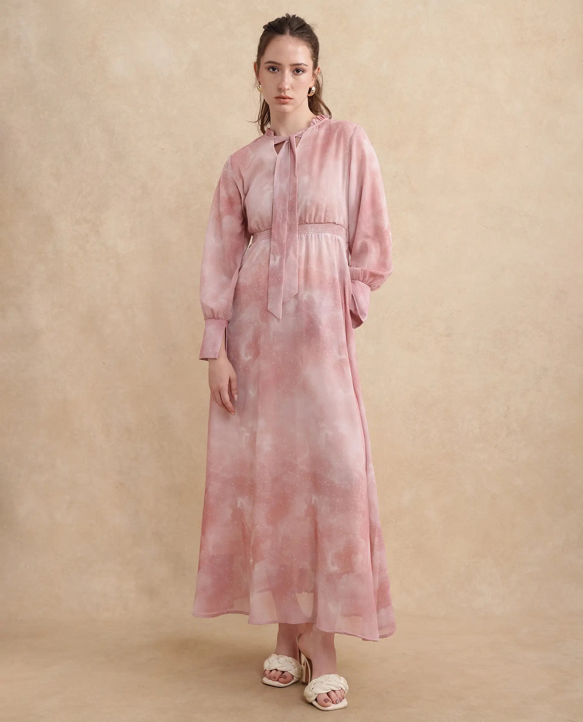 Rareism Women's Likp Pink Polyester Fabric Sweetheart Neck Button Closure Bishop Sleeve Abstract Fit And Flare Midi Dress