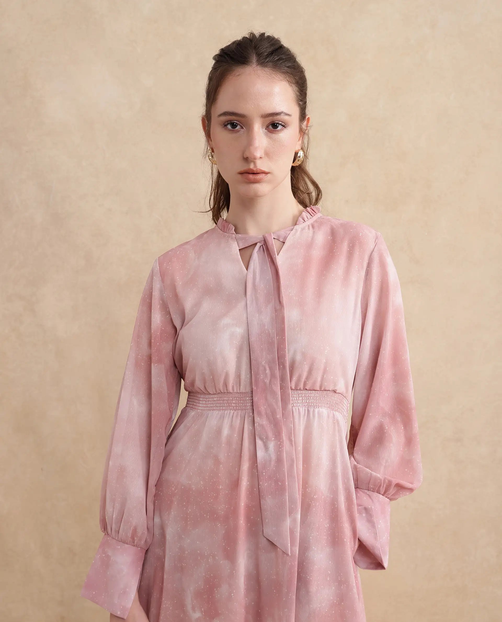Rareism Women's Likp Pink Polyester Fabric Sweetheart Neck Button Closure Bishop Sleeve Abstract Fit And Flare Midi Dress