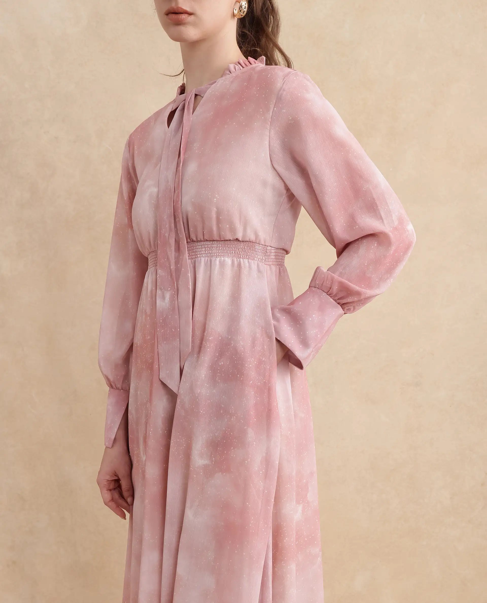 Rareism Women's Likp Pink Polyester Fabric Sweetheart Neck Button Closure Bishop Sleeve Abstract Fit And Flare Midi Dress