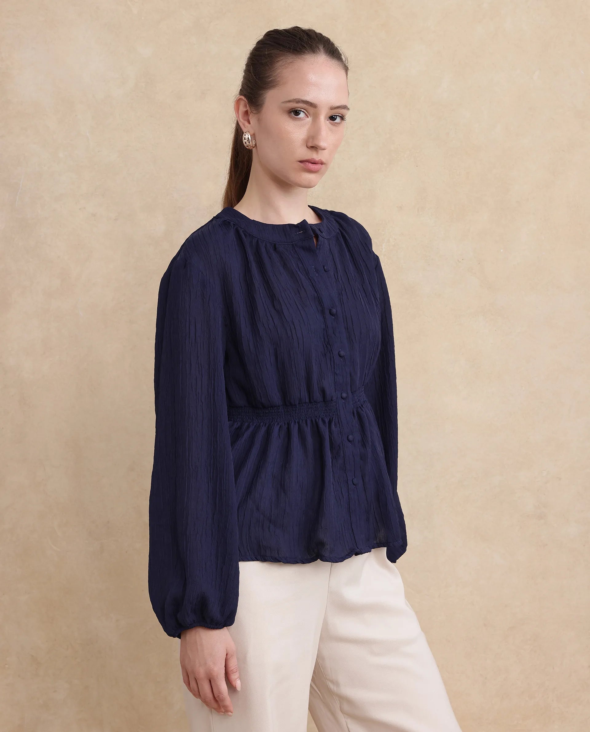 Rareism Women Lille Navy Bishop Sleeves Round Neck Boxy Fit Plain Top