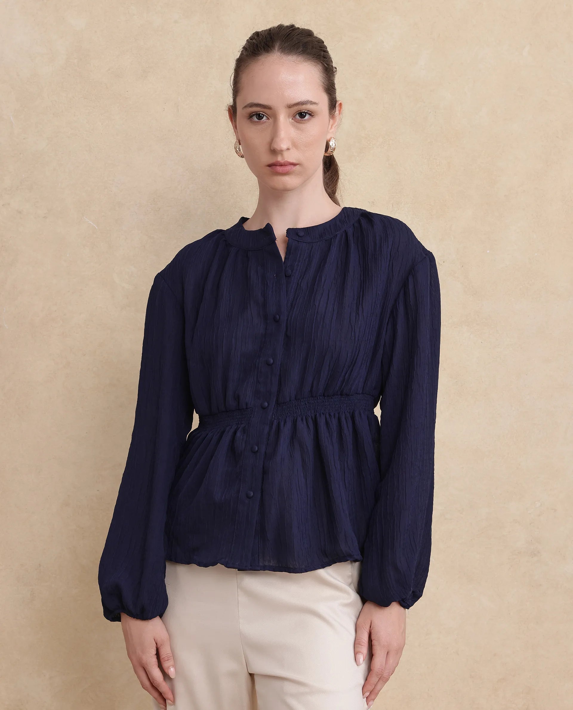 Rareism Women Lille Navy Bishop Sleeves Round Neck Boxy Fit Plain Top