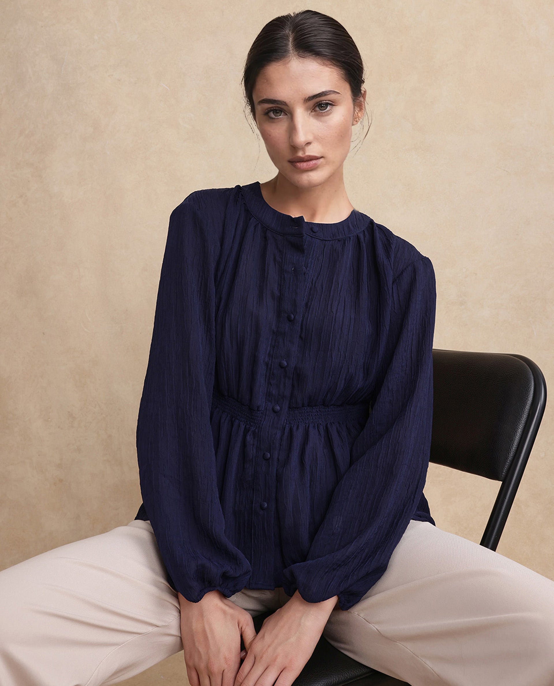 Rareism Women's Lille Navy Polyester Blend Round Neck Plain Bishop Sleeve Boxy Fit Top