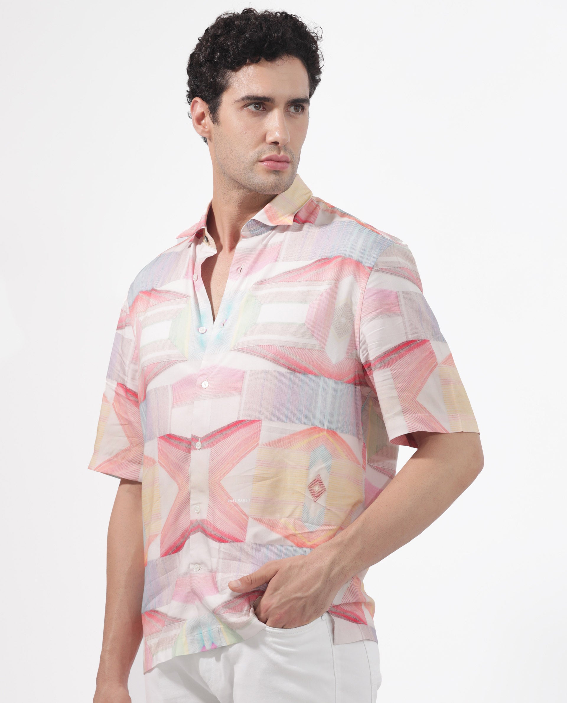 Rare Rabbit Men's Lim Pink Viscose Fabric Half Sleeves Boxy Fit Abstract Geometric Print Shirt
