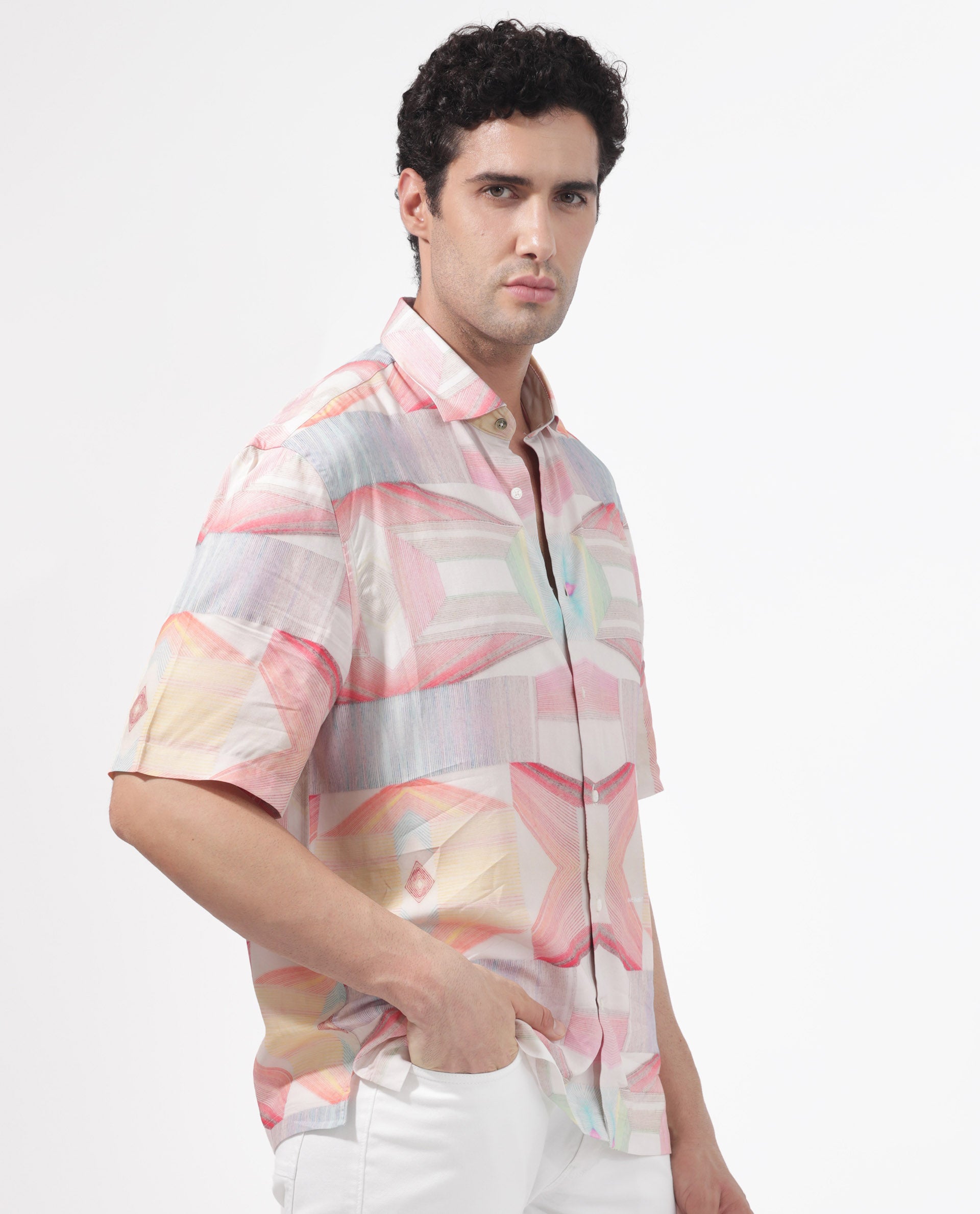 Rare Rabbit Men's Lim Pink Viscose Fabric Half Sleeves Boxy Fit Abstract Geometric Print Shirt