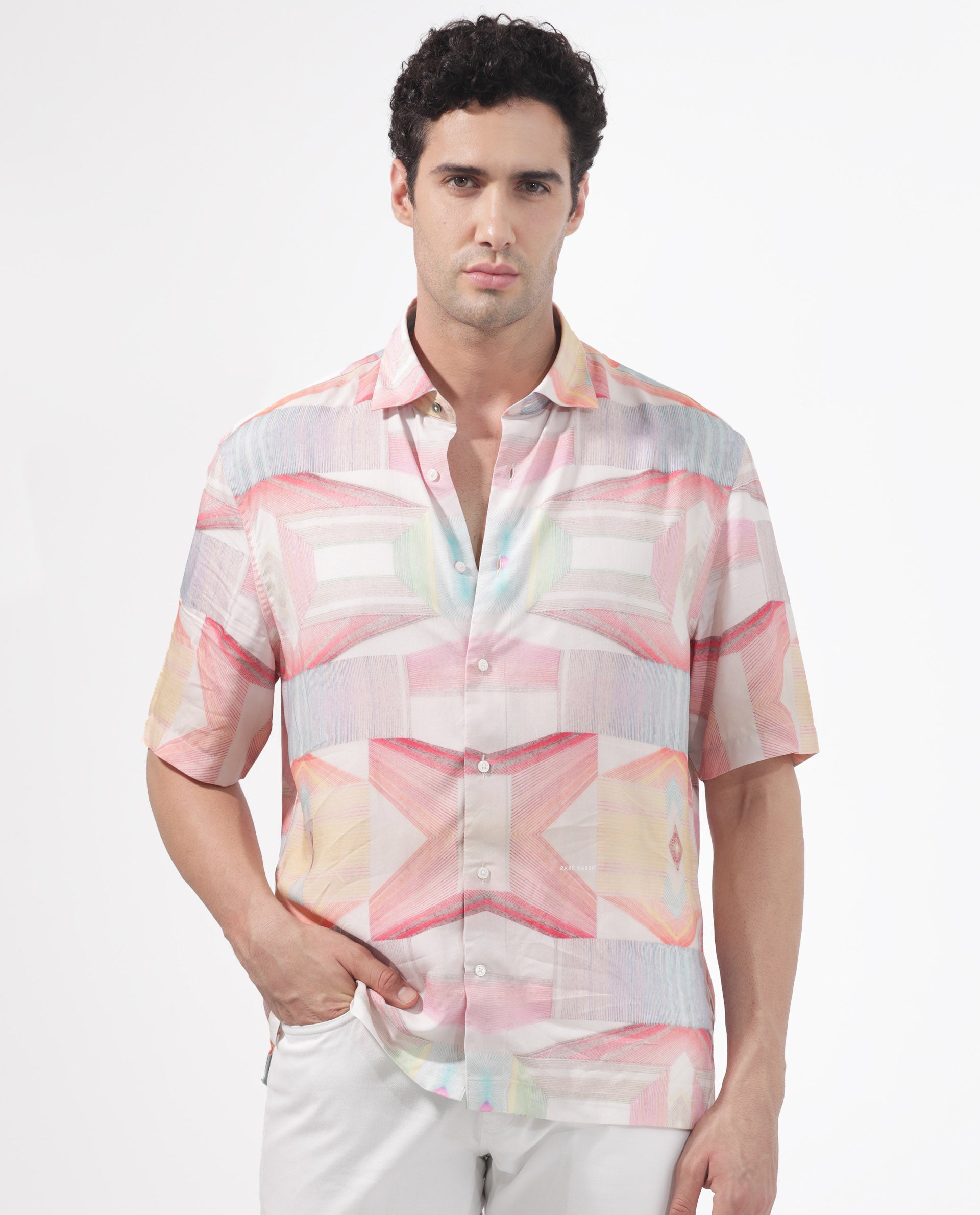 Rare Rabbit Men's Lim Pink Viscose Fabric Half Sleeves Boxy Fit Abstract Geometric Print Shirt