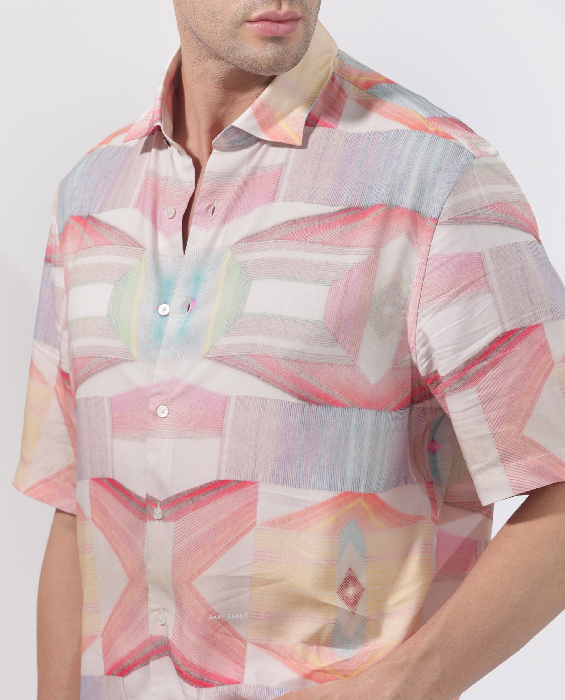 Rare Rabbit Men's Lim Pink Viscose Fabric Half Sleeves Boxy Fit Abstract Geometric Print Shirt