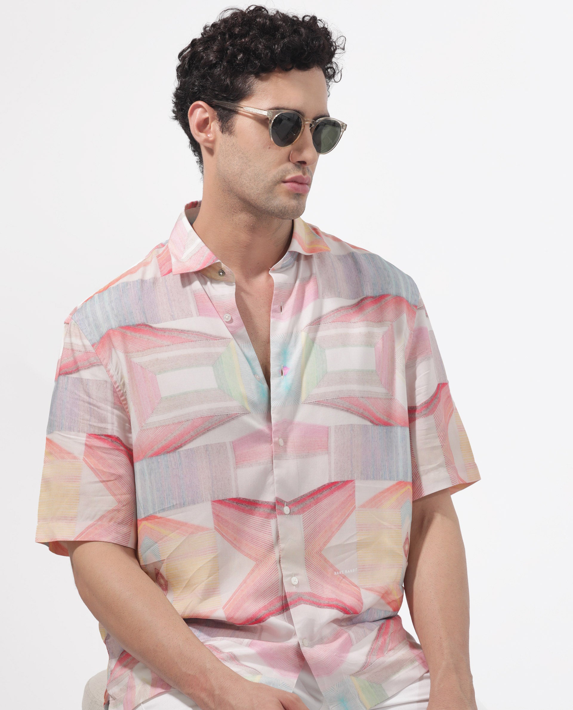Rare Rabbit Men's Lim Pink Viscose Fabric Half Sleeves Boxy Fit Abstract Geometric Print Shirt