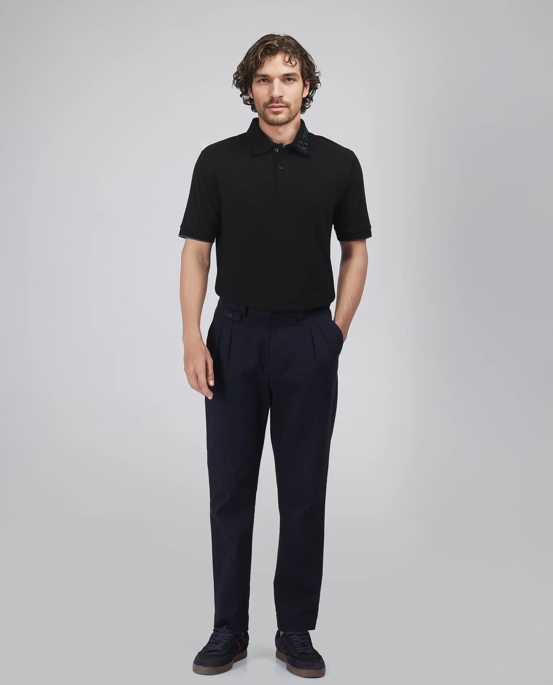 Rare Rabbit Men's Limo Black Cotton Blend Fabric Short Sleeve Collared Neck Button Closure Plain Polo