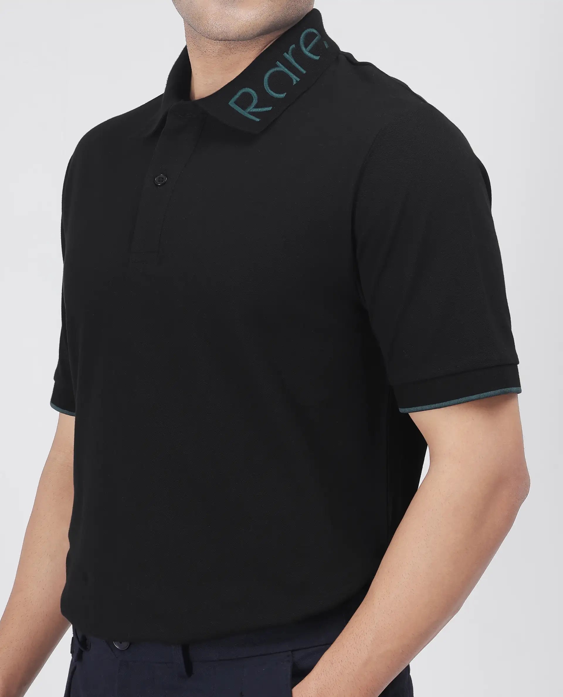 Rare Rabbit Men's Limo Black Cotton Blend Fabric Short Sleeve Collared Neck Button Closure Plain Polo