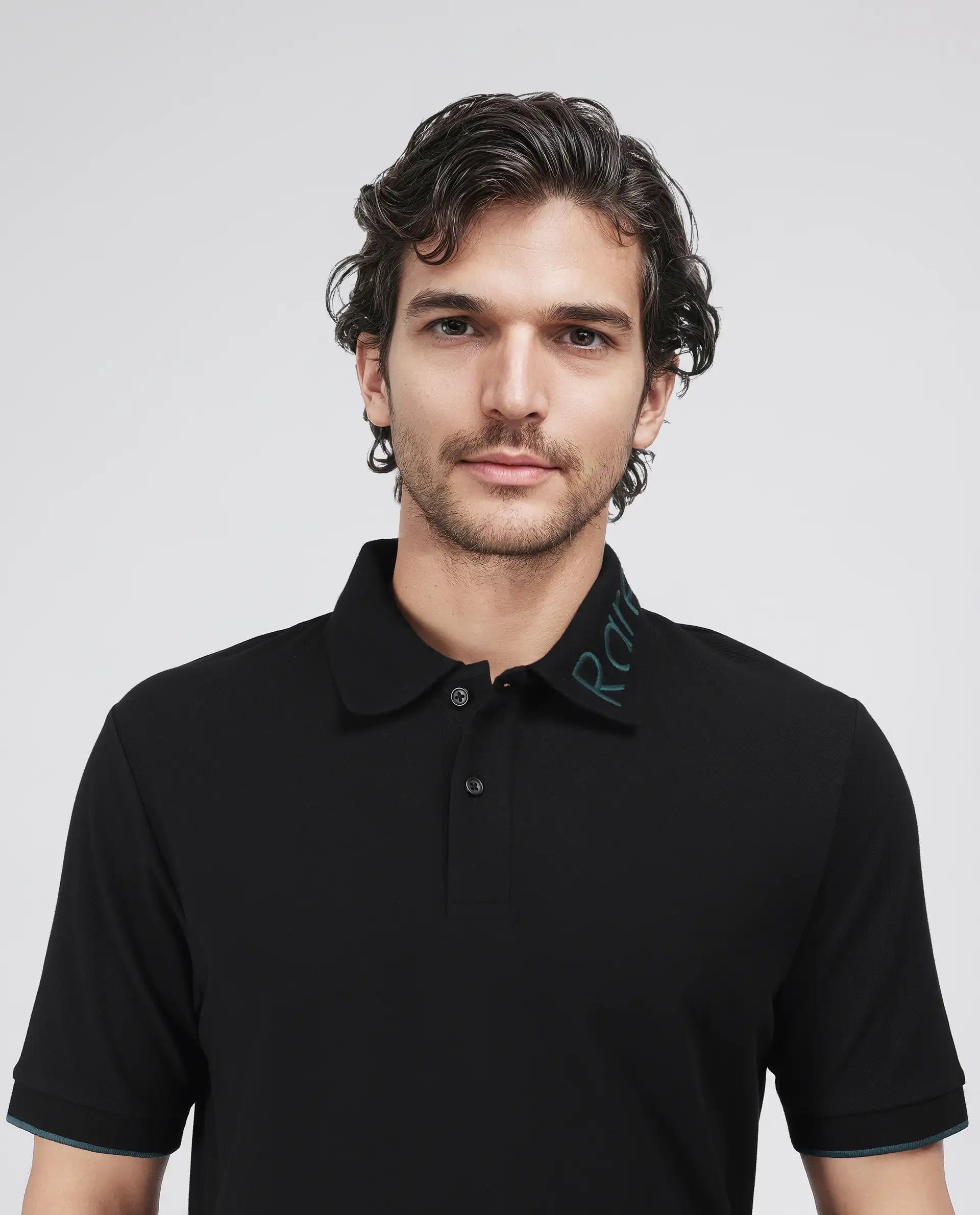 Rare Rabbit Men's Limo Black Cotton Blend Fabric Short Sleeve Collared Neck Button Closure Plain Polo