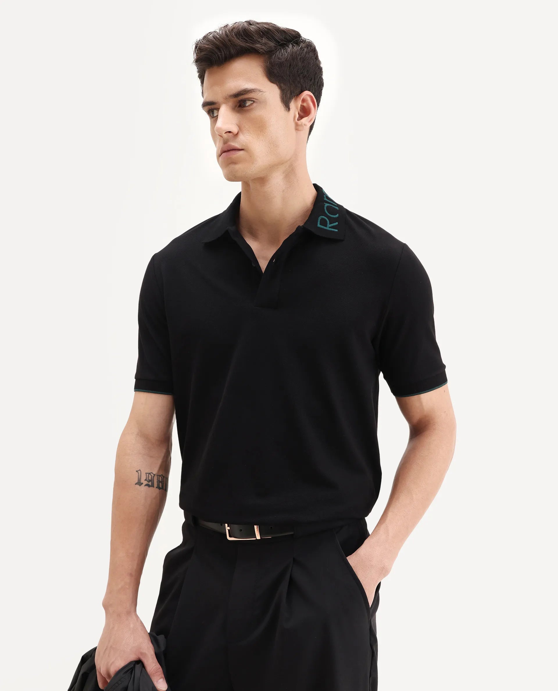 Rare Rabbit Men's Limo Black Cotton Embroidered Regular Fit Full Sleeve Collared Shirt