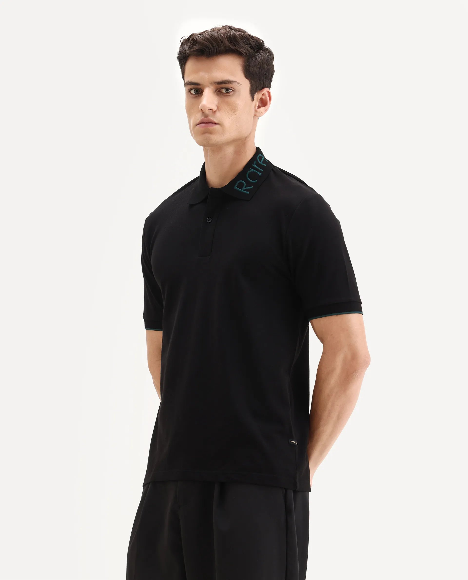 Rare Rabbit Men's Limo Black Cotton Embroidered Regular Fit Full Sleeve Collared Shirt