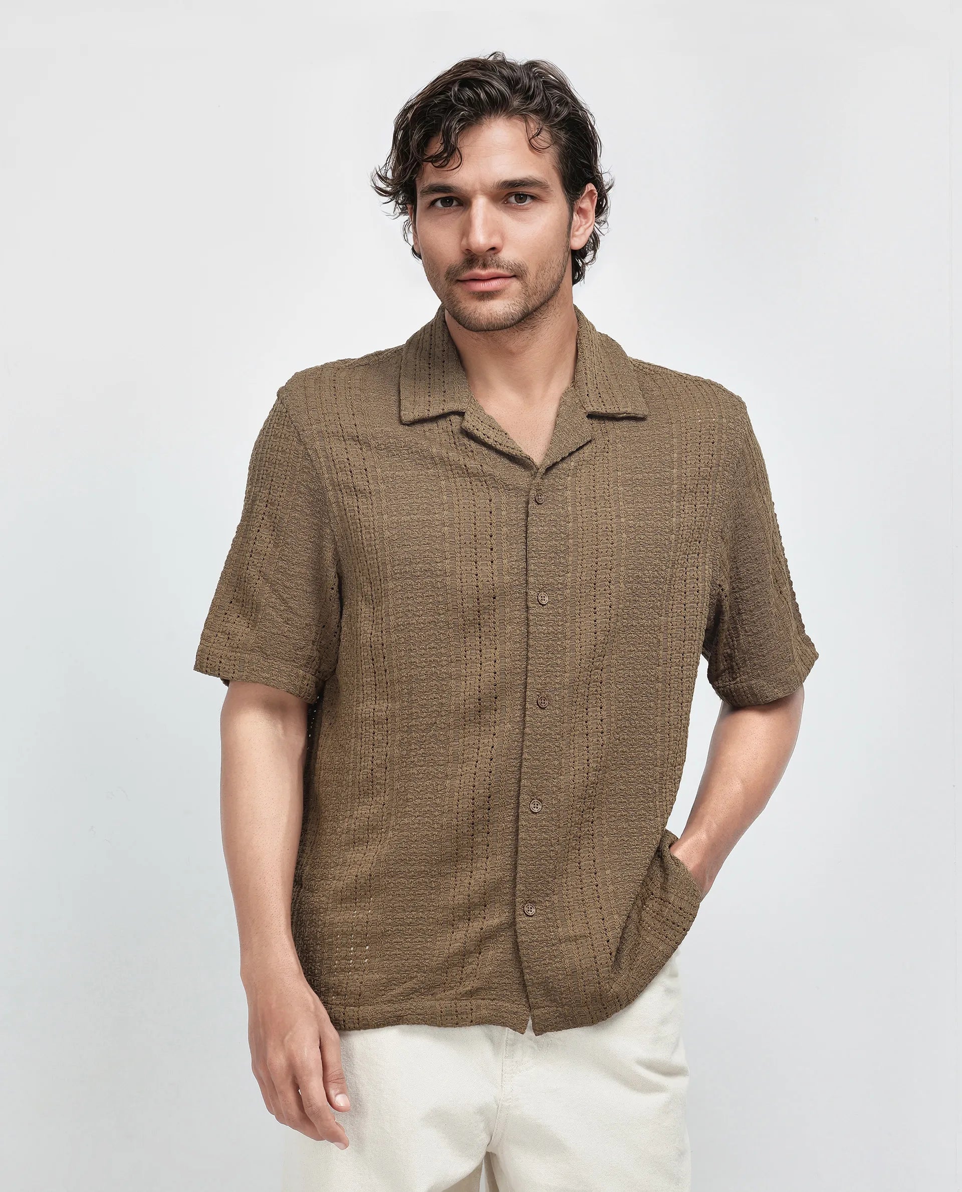 Rare Rabbit Men's Limo Brown Cotton Fabric Full Sleeve Collared Neck Button Closure Printed Shirt