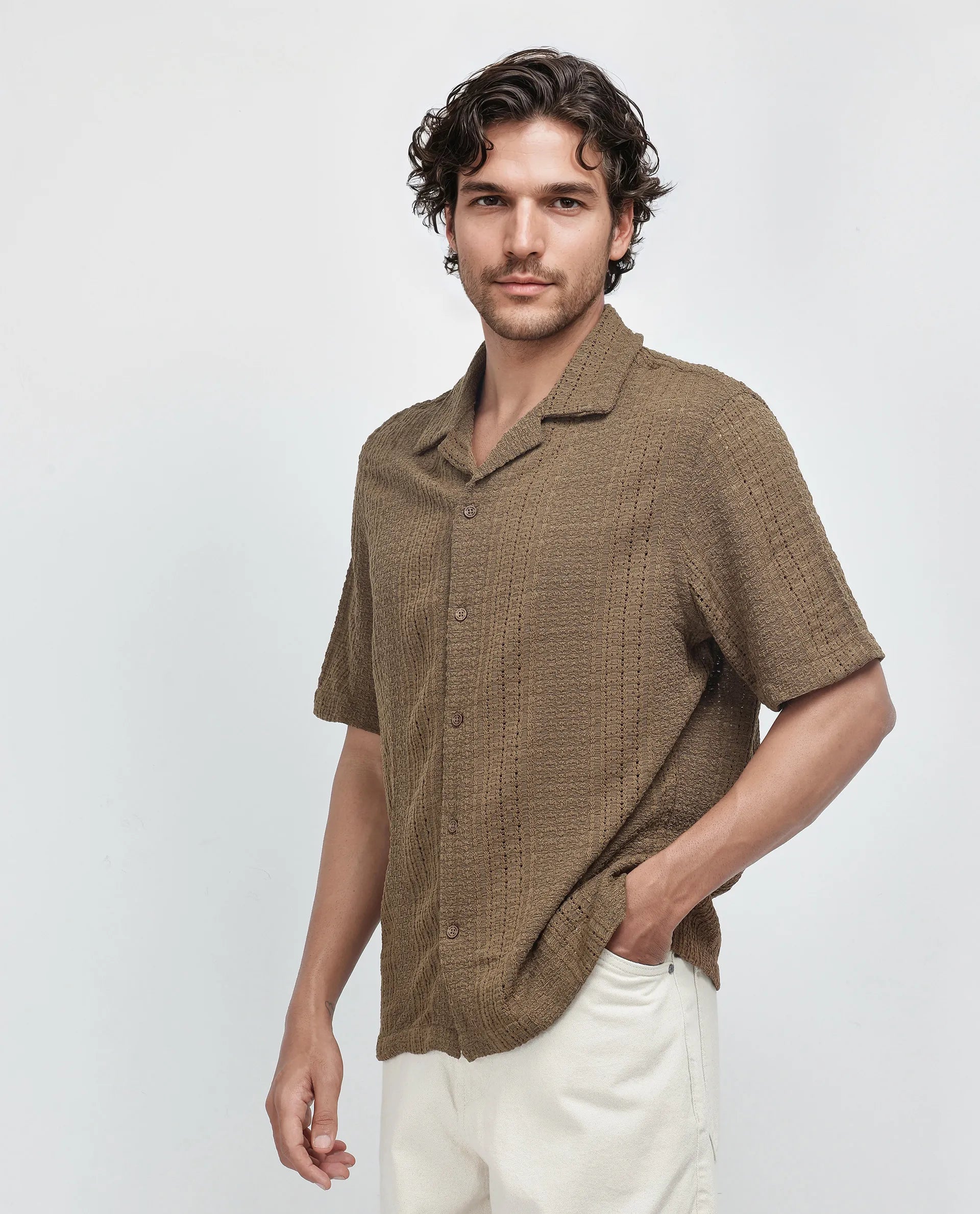 Rare Rabbit Men's Limo Brown Cotton Fabric Full Sleeve Collared Neck Button Closure Printed Shirt