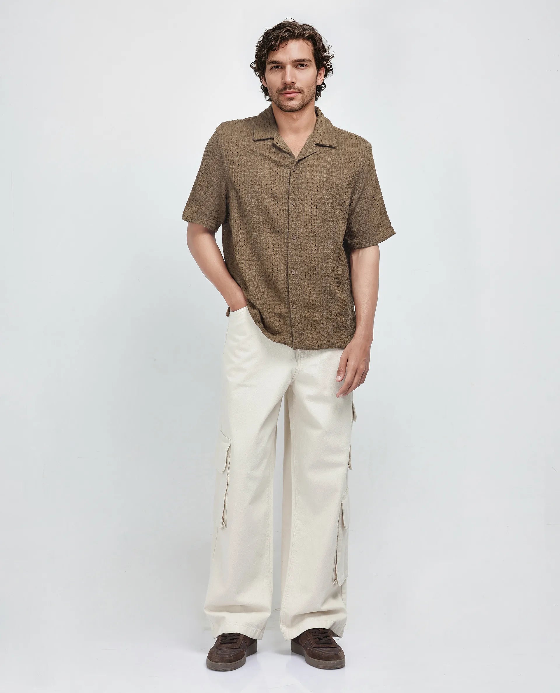 Rare Rabbit Men's Limo Brown Cotton Fabric Full Sleeve Collared Neck Button Closure Printed Shirt