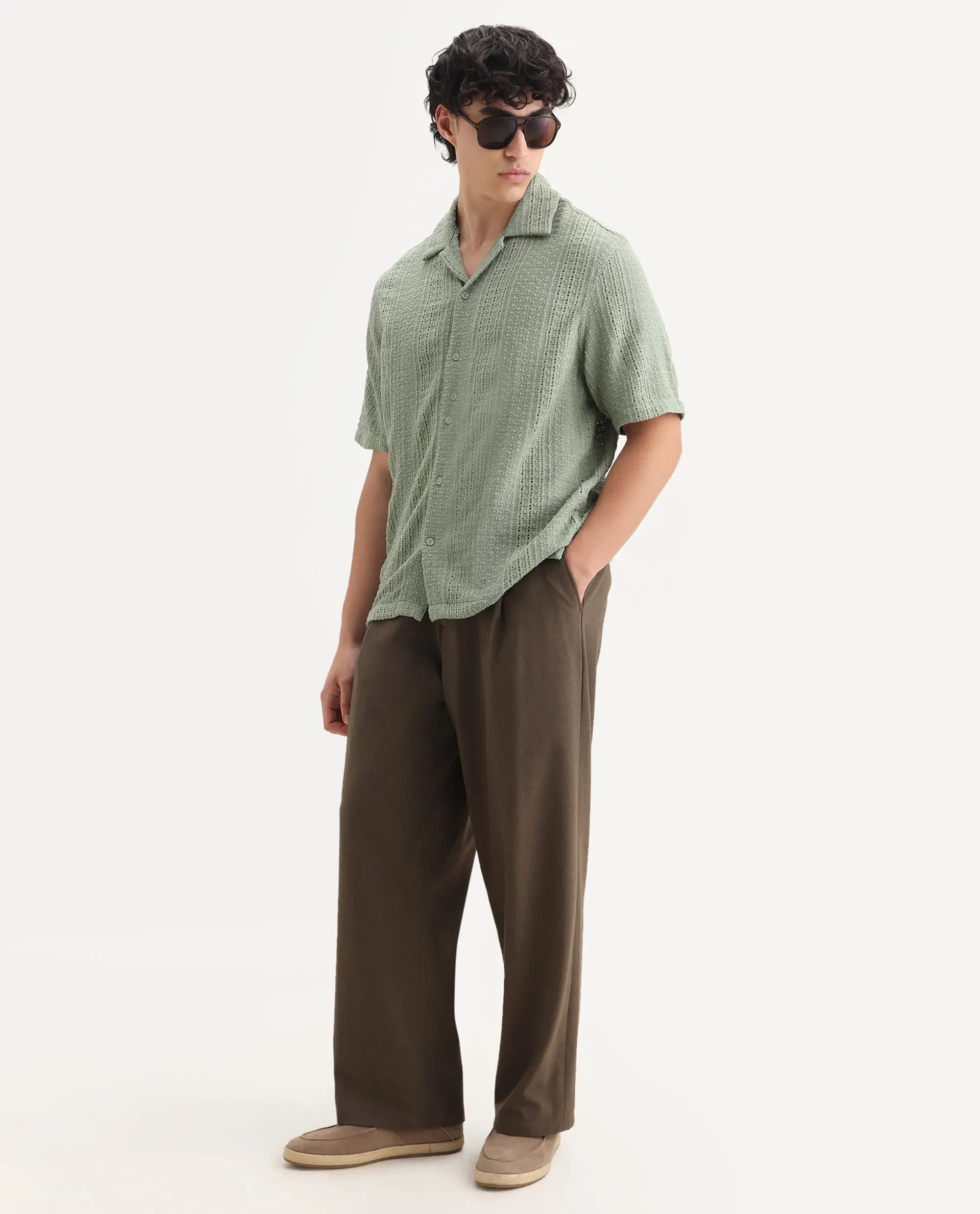 Rare Rabbit Men's Limo Pastel Green Cotton Embroidered Boxy Fit Full Sleeve Cuban Collar Shirt