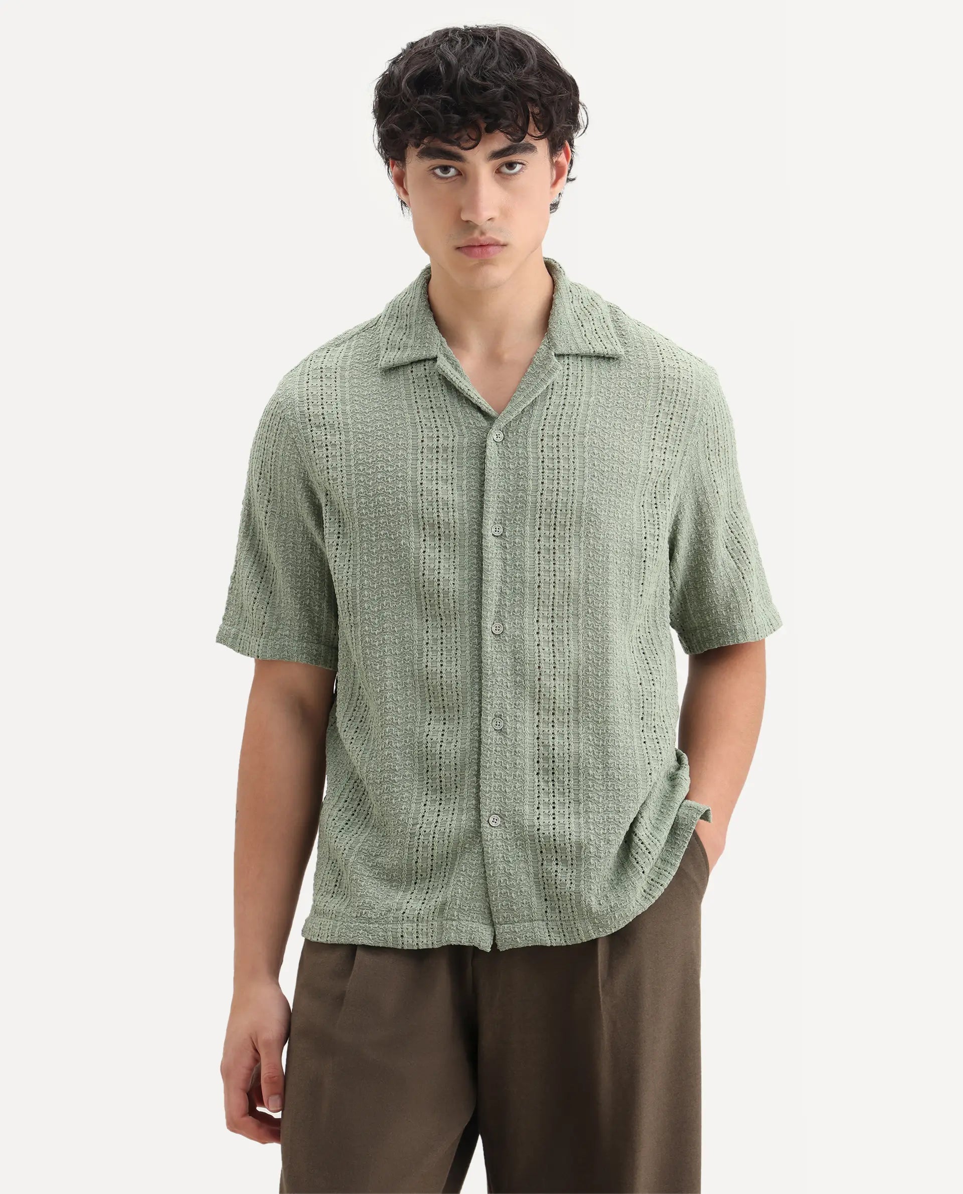 Rare Rabbit Men's Limo Pastel Green Cotton Embroidered Boxy Fit Full Sleeve Cuban Collar Shirt