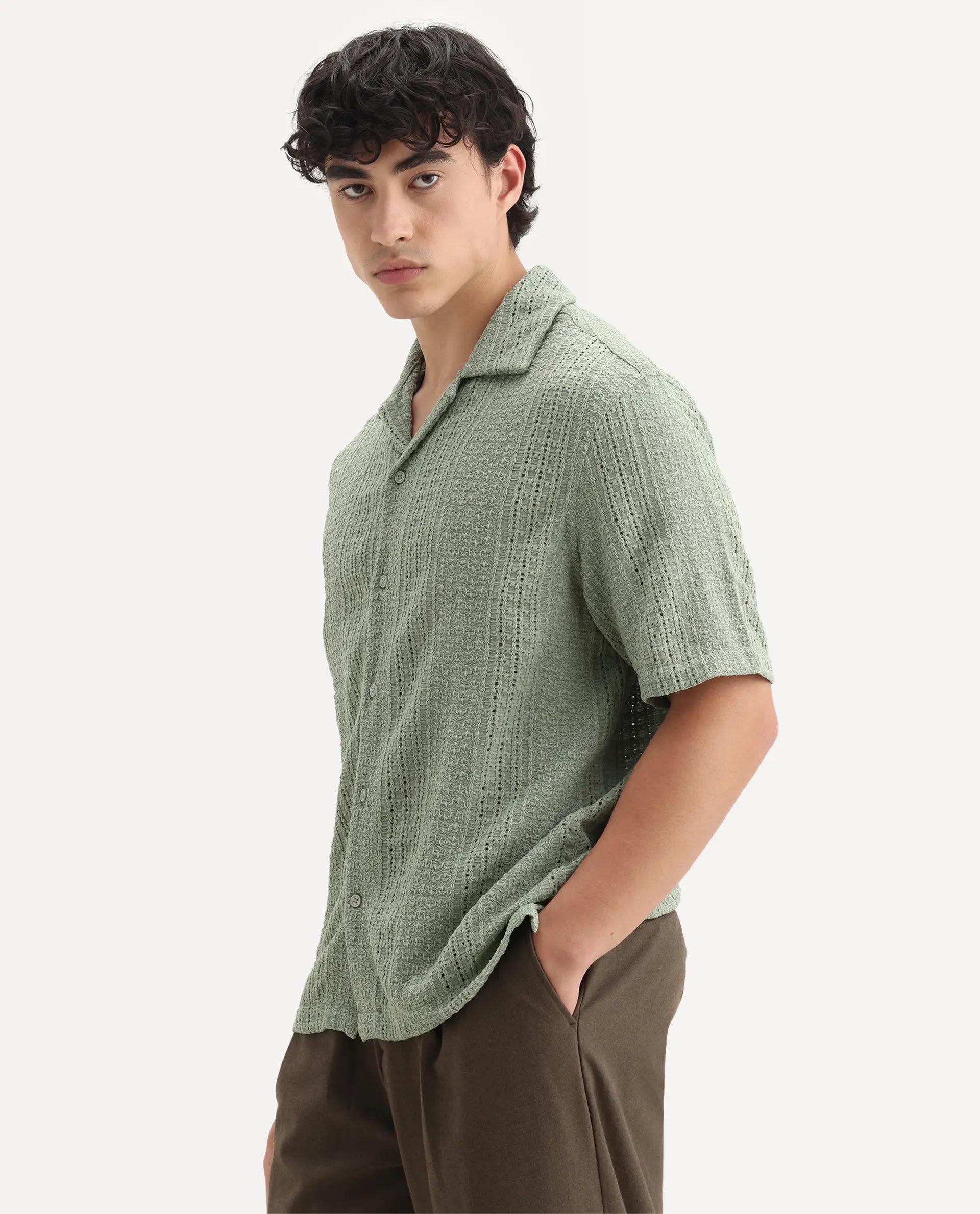 Rare Rabbit Men's Limo Pastel Green Cotton Embroidered Boxy Fit Full Sleeve Cuban Collar Shirt