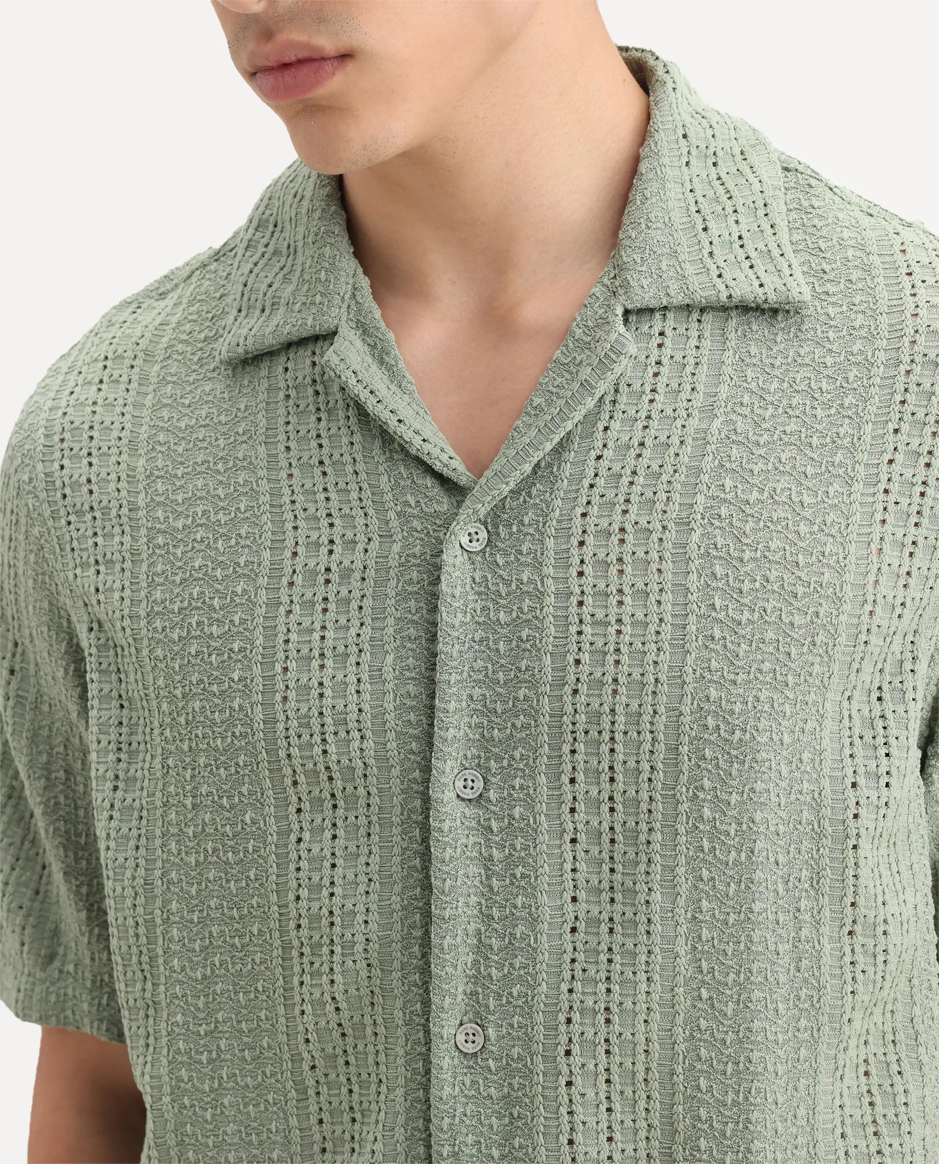 Rare Rabbit Men's Limo Pastel Green Cotton Embroidered Boxy Fit Full Sleeve Cuban Collar Shirt