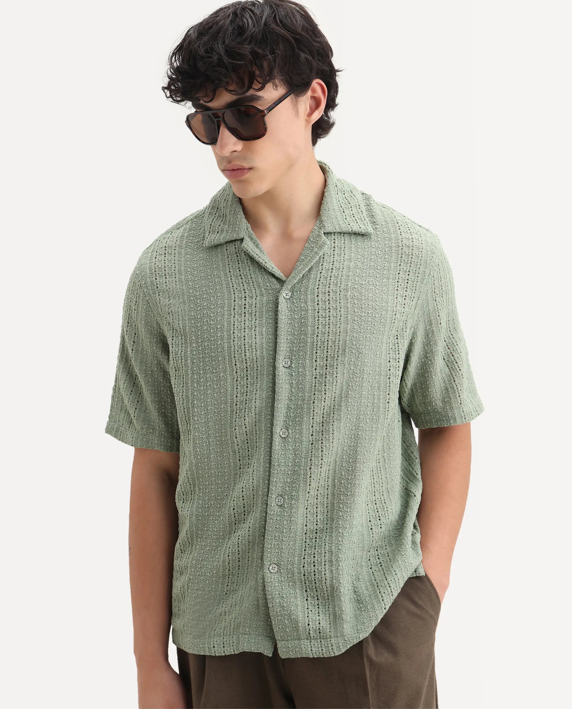 Rare Rabbit Men's Limo Pastel Green Cotton Embroidered Boxy Fit Full Sleeve Cuban Collar Shirt