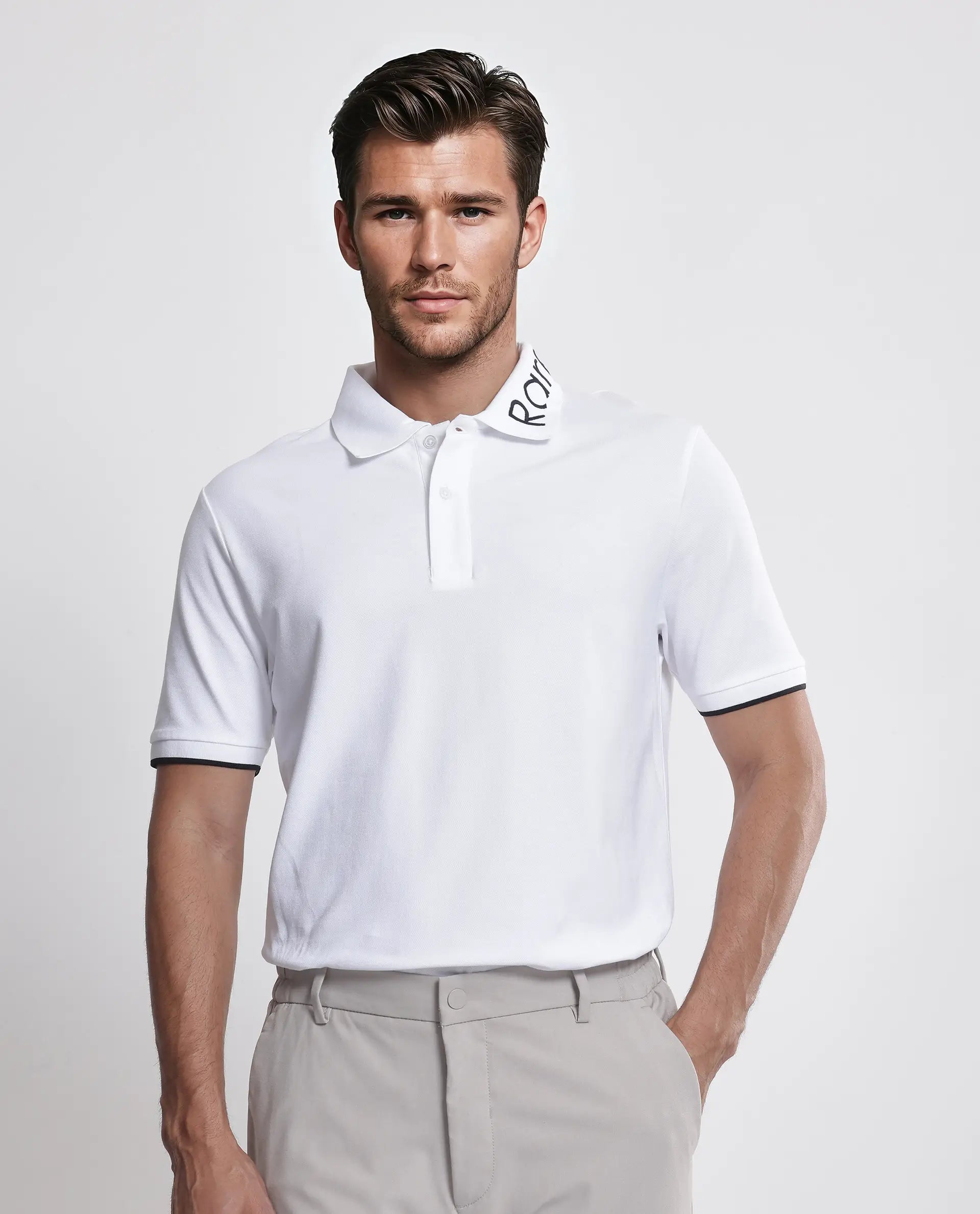 Rare Rabbit Men's Limo White Cotton Blend Fabric Short Sleeve Collared Neck Button Closure Plain Polo