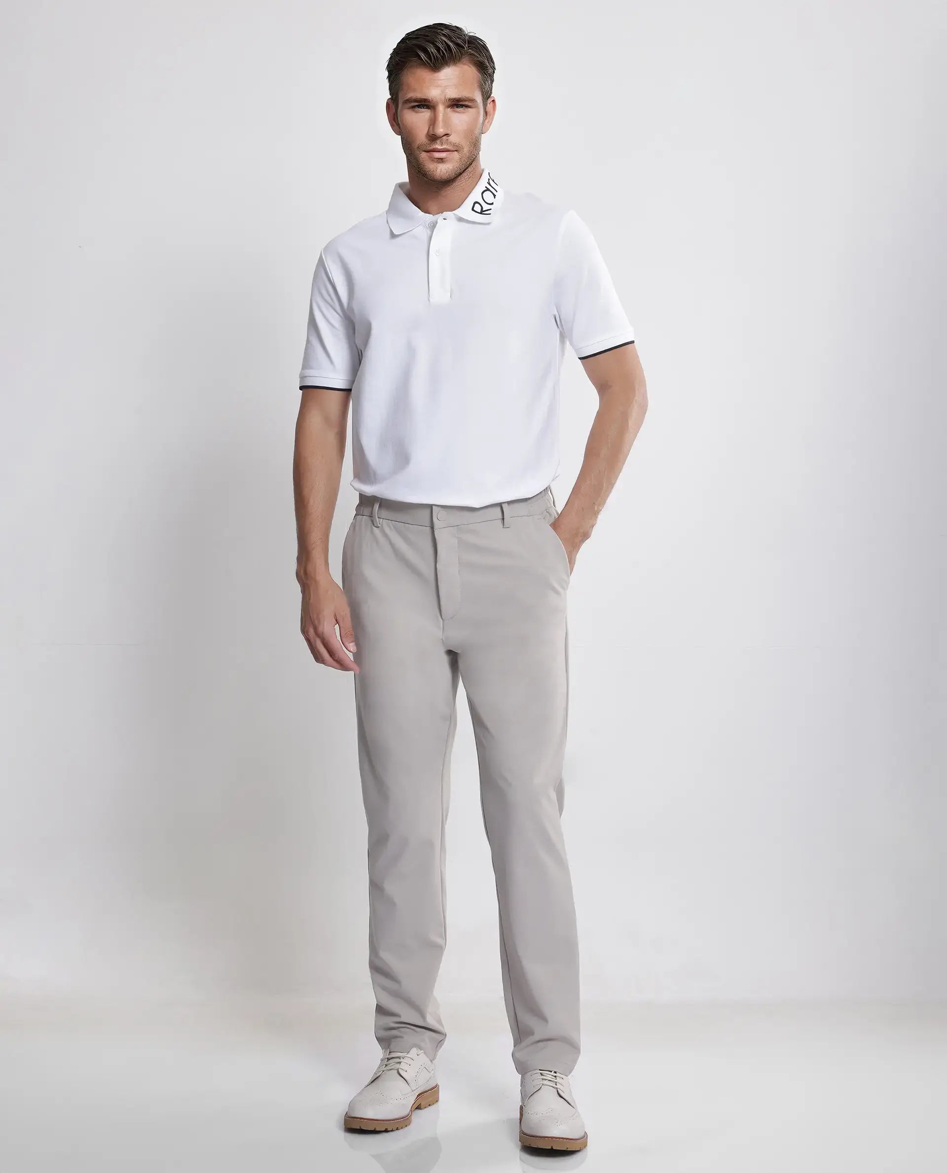 Rare Rabbit Men's Limo White Cotton Blend Fabric Short Sleeve Collared Neck Button Closure Plain Polo