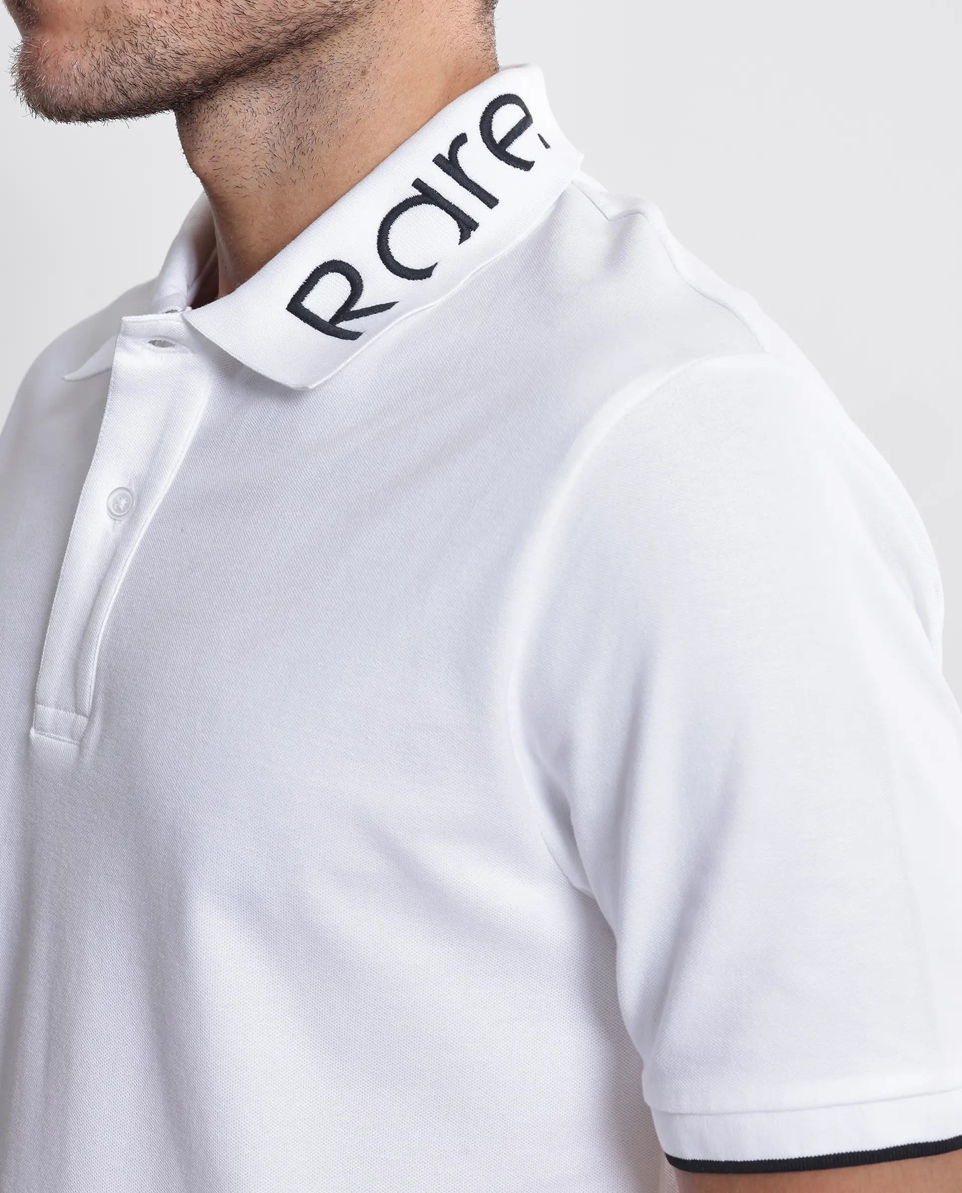 Rare Rabbit Men's Limo White Cotton Blend Fabric Short Sleeve Collared Neck Button Closure Plain Polo